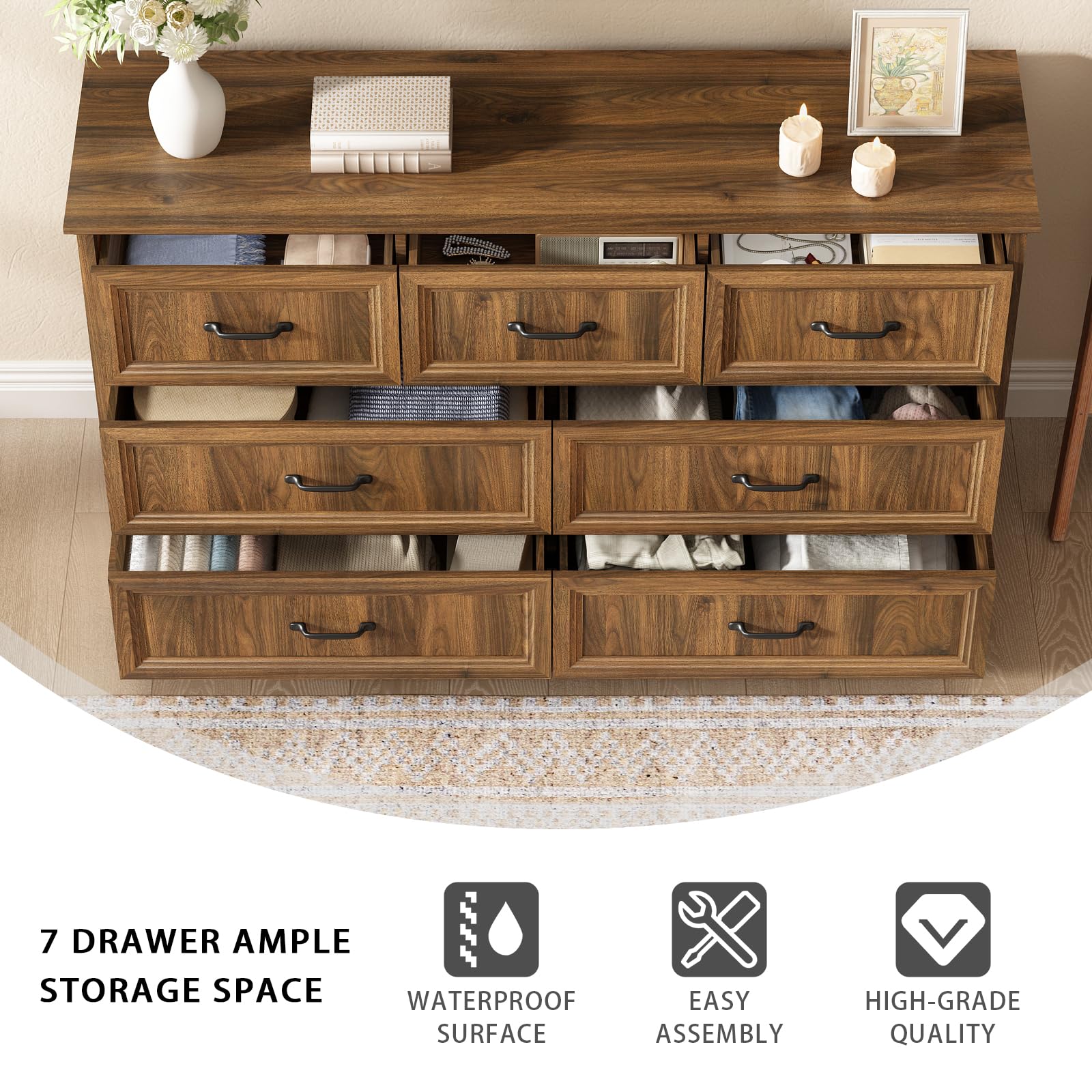 Farmhouse 5 Drawers Dresser for Bedroom, 44" Tall Brown dresser Wood Rustic Chest of Drawers with Wide Metal Handle,Natural Texture,Drawer Organizer for Bedroom,Living Room,Hallway and Entryway