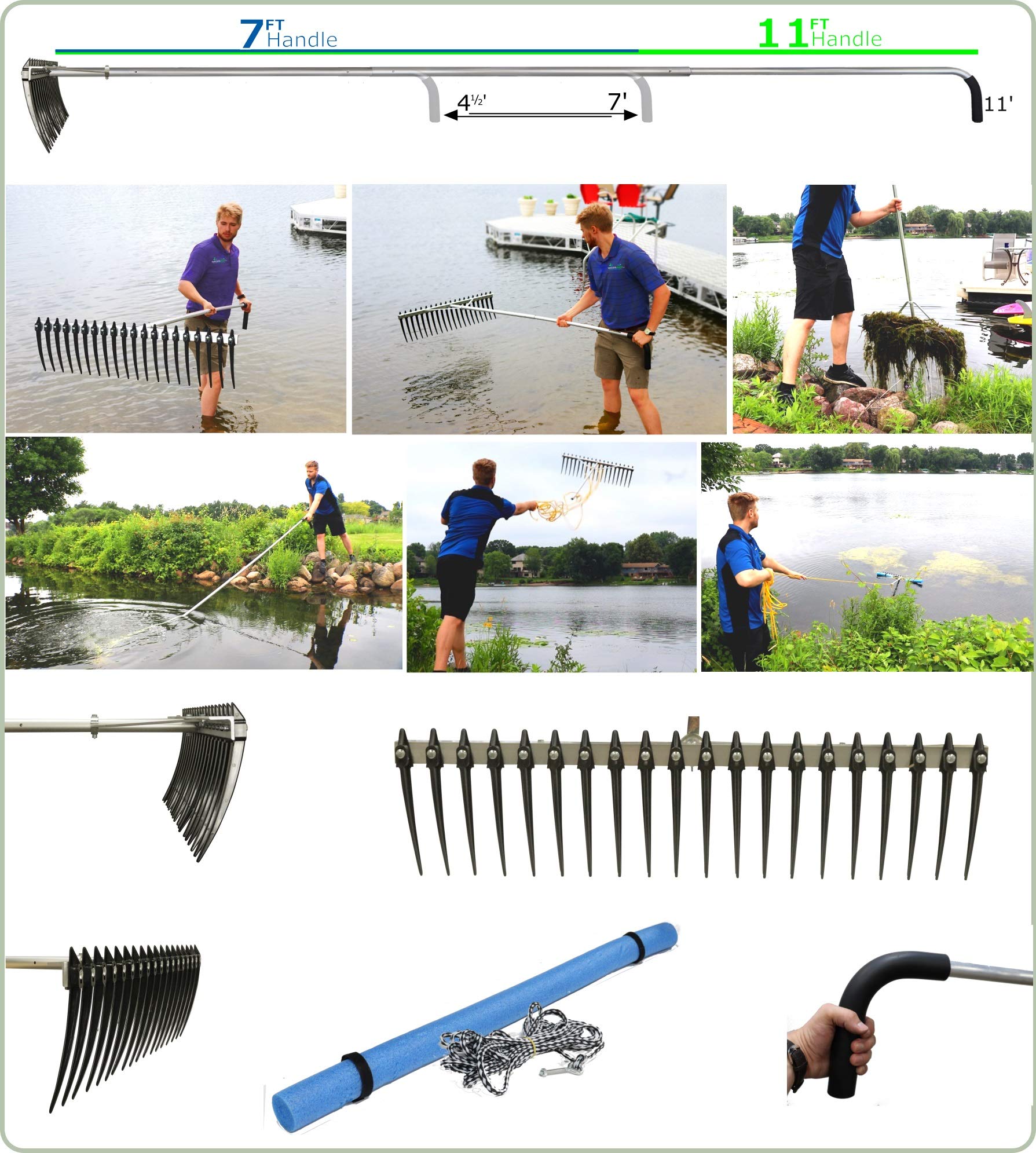 Rake Zilla | Extra-Large Heavy-Duty Lake and Pond Aquatic Weed Rake – 40" Wide Head with 9" Tines | Includes Detachable Float Kit & 25 ft Rope for Scooping, Skimming, and Easy Cleanup in Lakes & Ponds