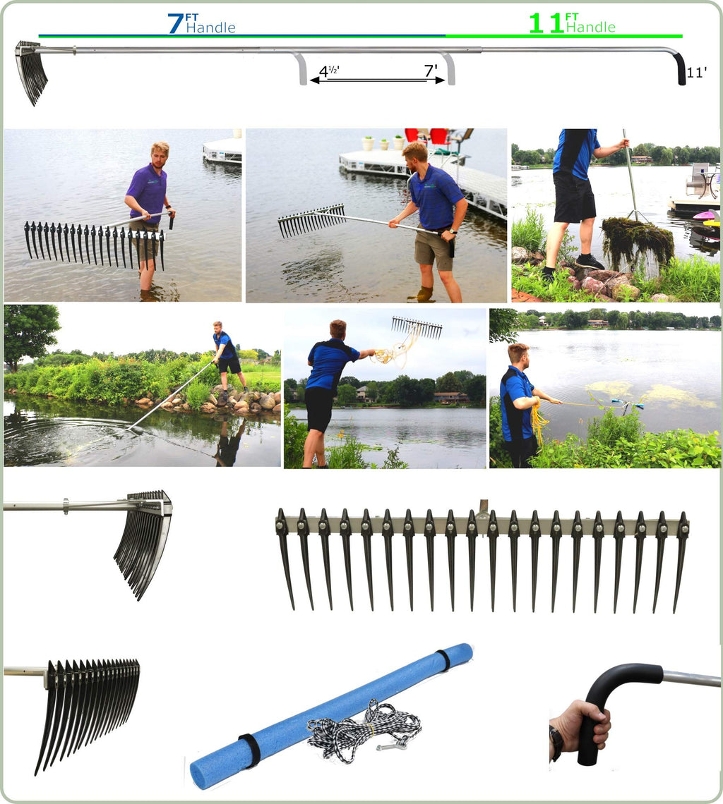 Rake Zilla | Extra-Large Heavy-Duty Lake and Pond Aquatic Weed Rake – 40" Wide Head with 9" Tines | Includes Detachable Float Kit & 25 ft Rope for Scooping, Skimming, and Easy Cleanup in Lakes & Ponds