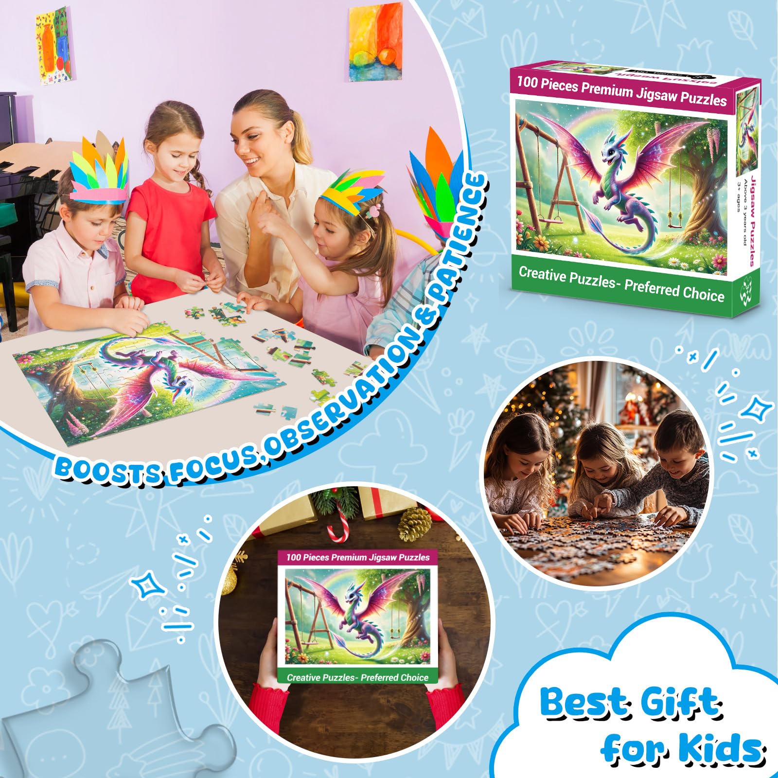 100 Piece Puzzles Rainbow Dinosaur Puzzle for Kids Ages 4-8 8-10, 100 Piece Jigsaw Puzzle for Children Learning Educational Puzzles Toys Birthday Gifts for Girls Boys, Dinosaur