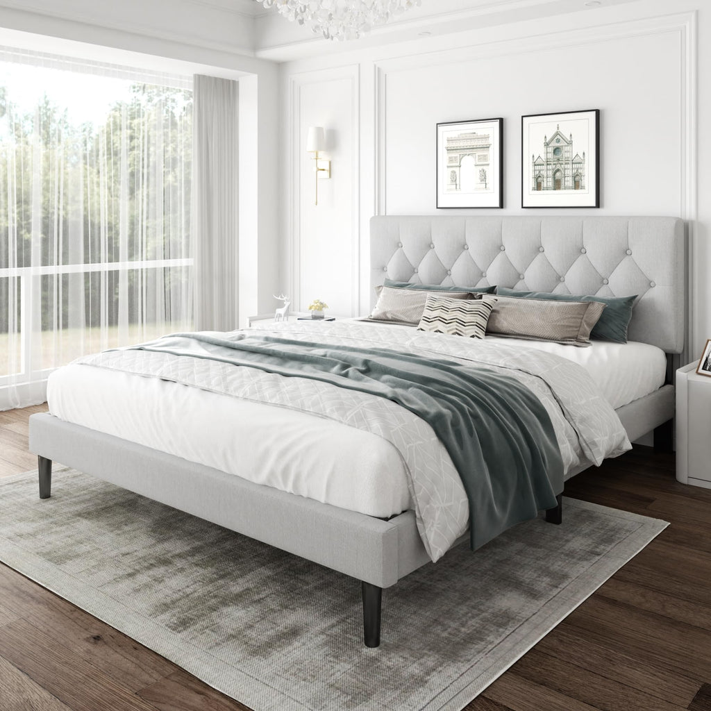 CXVX Full Size Platform Bed Frame with Upholstered Headboard, Button Tufted Design, Strong Wooden Slats, No Box Spring Needed, Easy Assembly, Noise Free