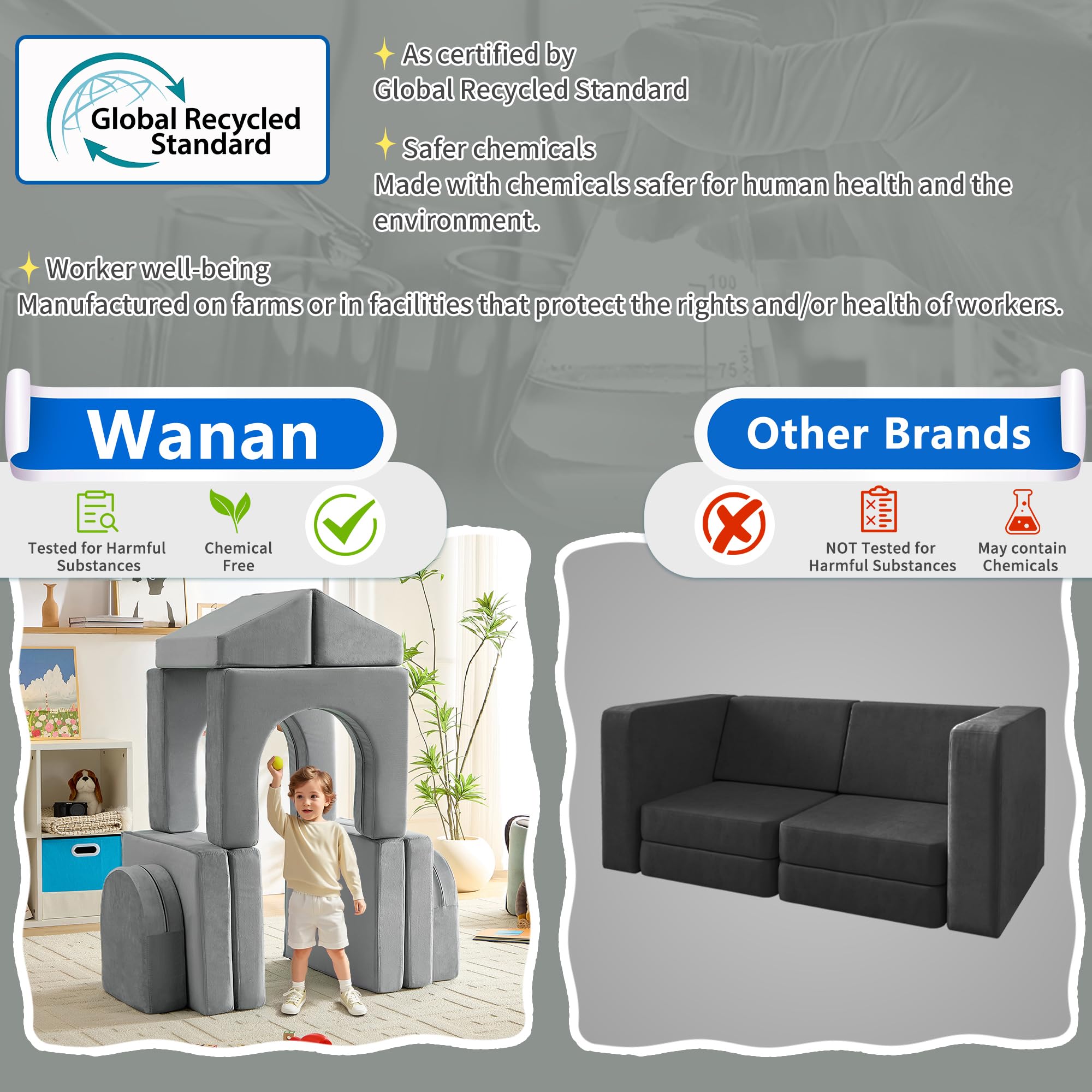 wanan Kids Couch 10PCS, Modular Kids Play Couch for Playroom Bedroom, 10 in 1 Multifunctional Kid Sofa for Playing, Creativing, Sleeping, Indoor Toddler Couches for Boys and Girls(Dark Grey)