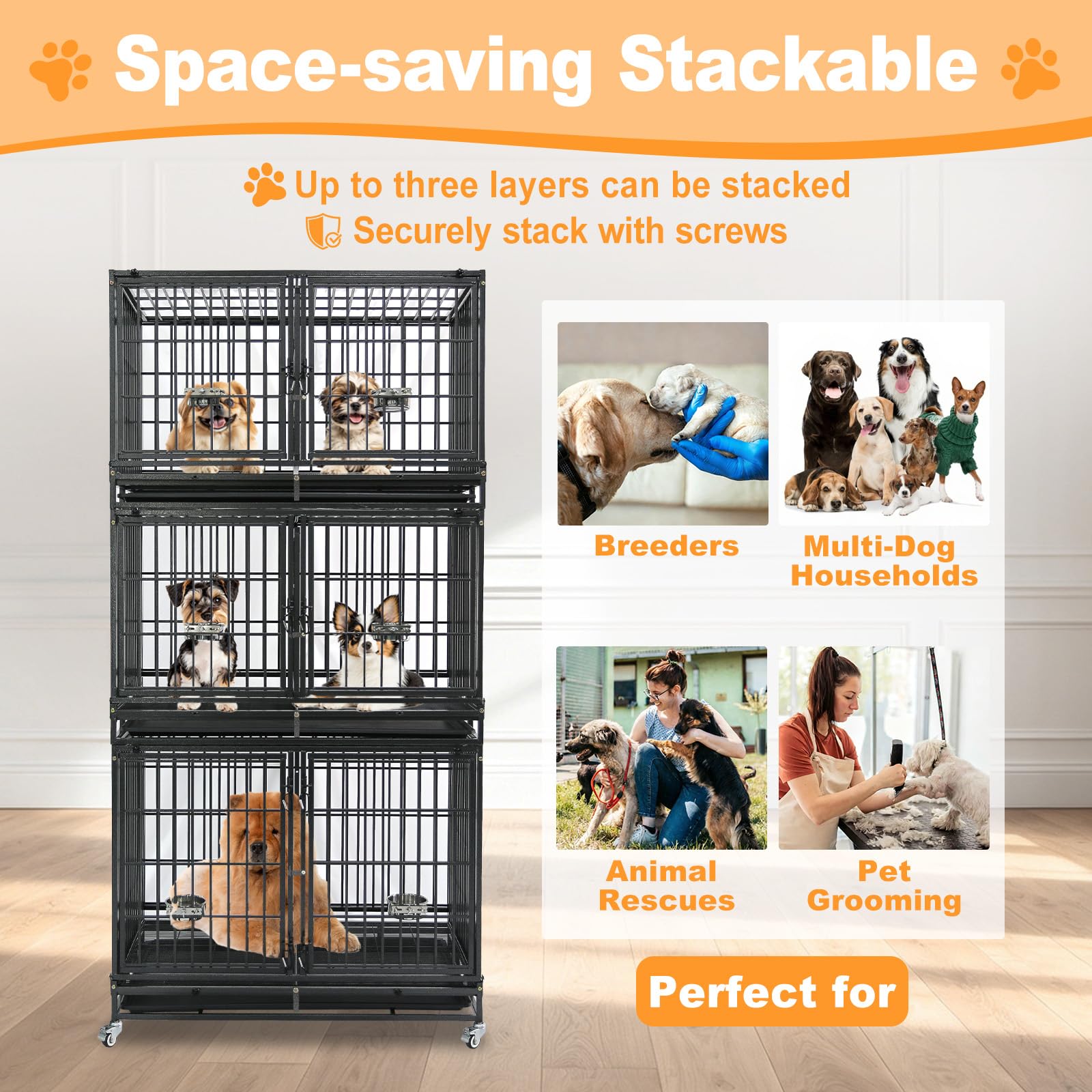 Homey Pet 37 inch Stackable Heavy Duty Dog Crate, Indestructible Escape Proof Dogs Cage Kennel with Lockable Wheels, Removable Tray & Metal Grid, Double Doors for High Anxiety Medium/Small Dogs