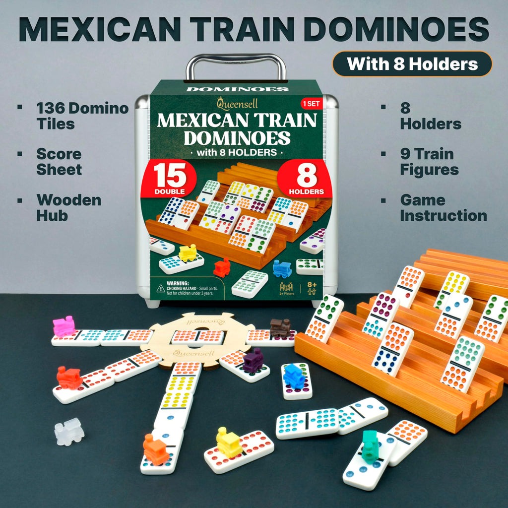 Queensell Mexican Train Dominoes Set Double 15 for Adults and Family, Mexican Train Double 15 Dominoes Set Colored Dot - 136 Tiles, 9 Trains, Wooden Hub, Aluminum Case (Double 15)