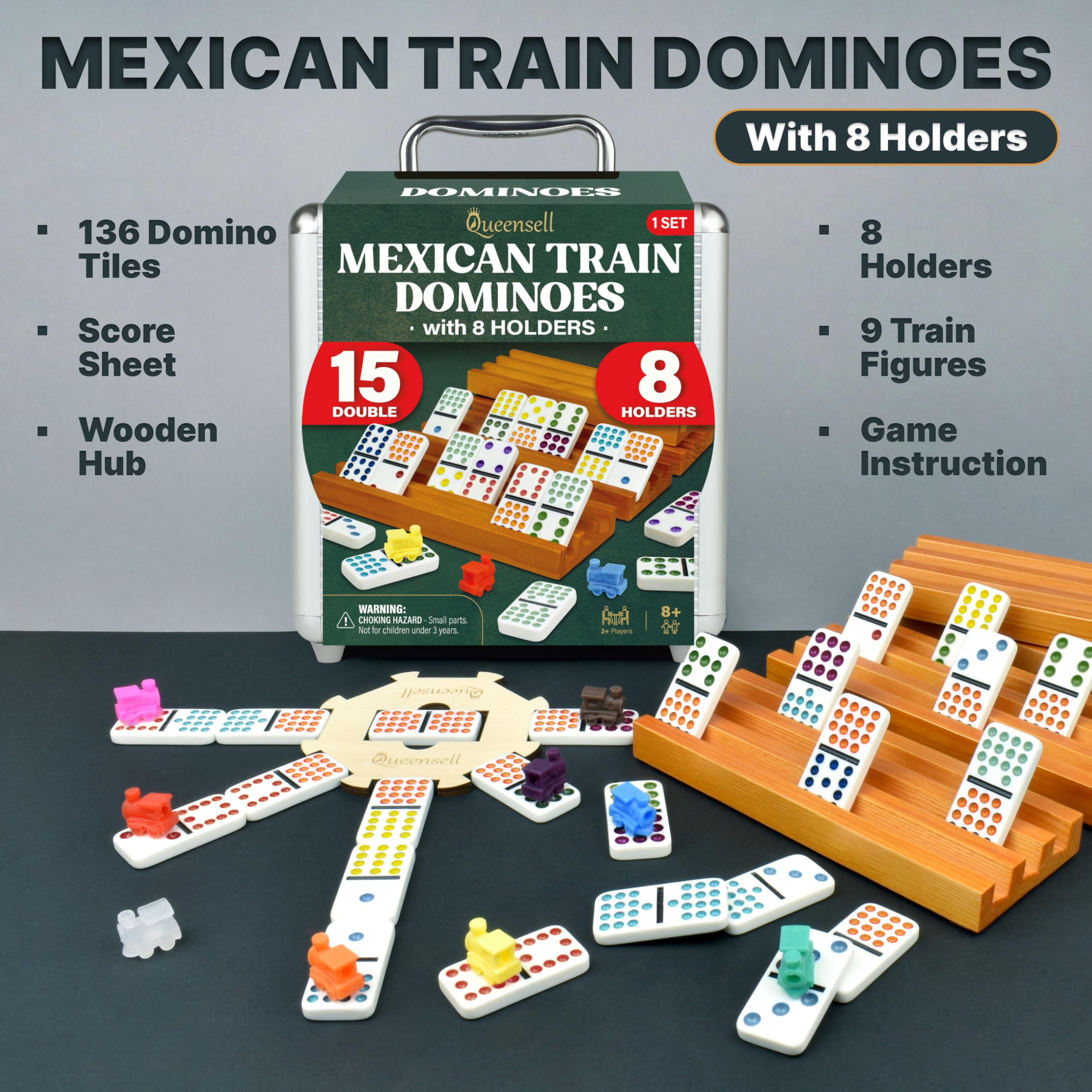 Queensell Mexican Train Dominoes Set Double 15 for Adults and Family, Mexican Train Double 15 Dominoes Set Colored Dot - 136 Tiles, 9 Trains, Wooden Hub, Aluminum Case (Double 15)