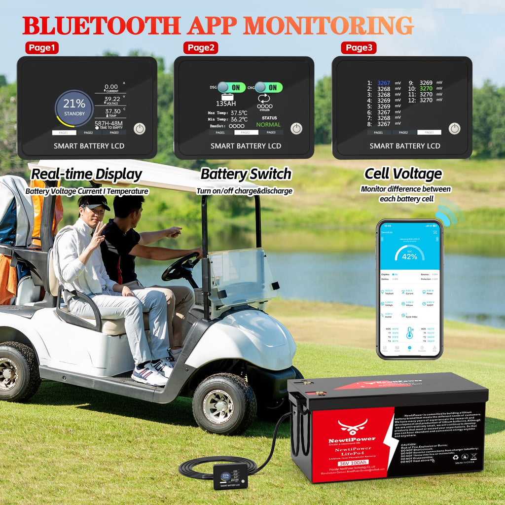 36V 100Ah Golf Cart LiFePO4 Battery with APP&Chager&Monitor,7.6KW Continuous Power Lithium Battery with 200A BMS, Up to 10000+ Rechargeable Cycles, Perfect for golf cart