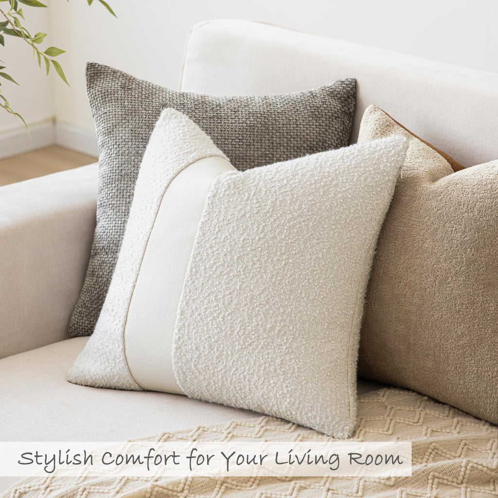 18"x18" Charcoal Black Boucle Throw Pillow Covers with Faux Leather Accents Set of 2 Fluffy Textured Decorative Pillow Cases for Couch Bed Boho Farmhouse Square Cushion Covers for Nordic Home