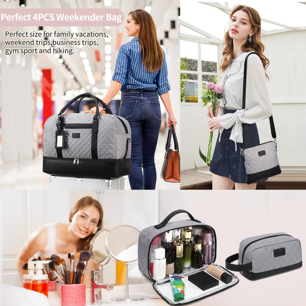 Wogarl 4PCS Weekender Bags for Women Large Overnight Weekend Travel Duffel Carry on Shoulder with Shoe Compartment Canvas Toiletry Bag for Travel Business Gym