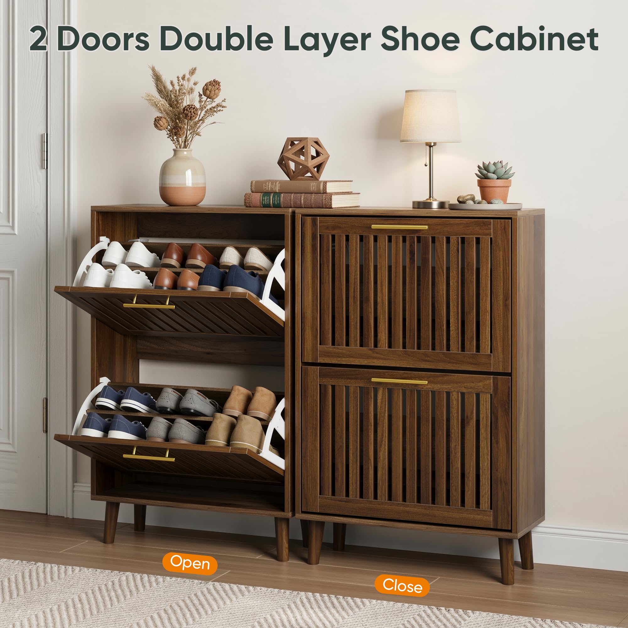 Smart FENDEE Shoe Cabinet with 2 Flip Slatted Drawers, Farmhouse Slim Shoe Organizer Rack with Golden Handles, Freestanding Hidden Entryway Storage for Hallway, Natural
