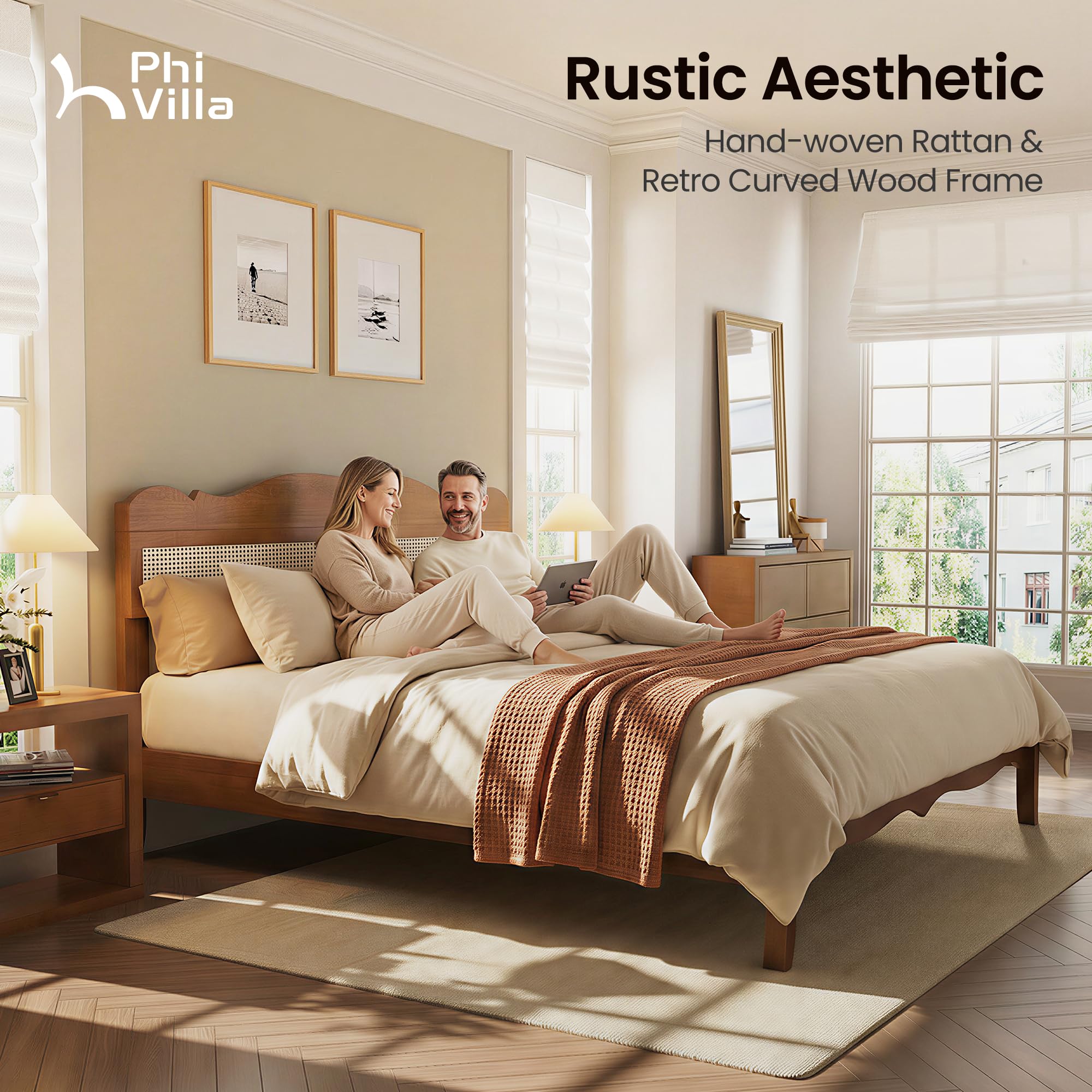 PHI VILLA Full Rattan Bed Frame with Headboard, Mid Century Modern Wooden Bed Frames, No Box Spring Needed, Brown