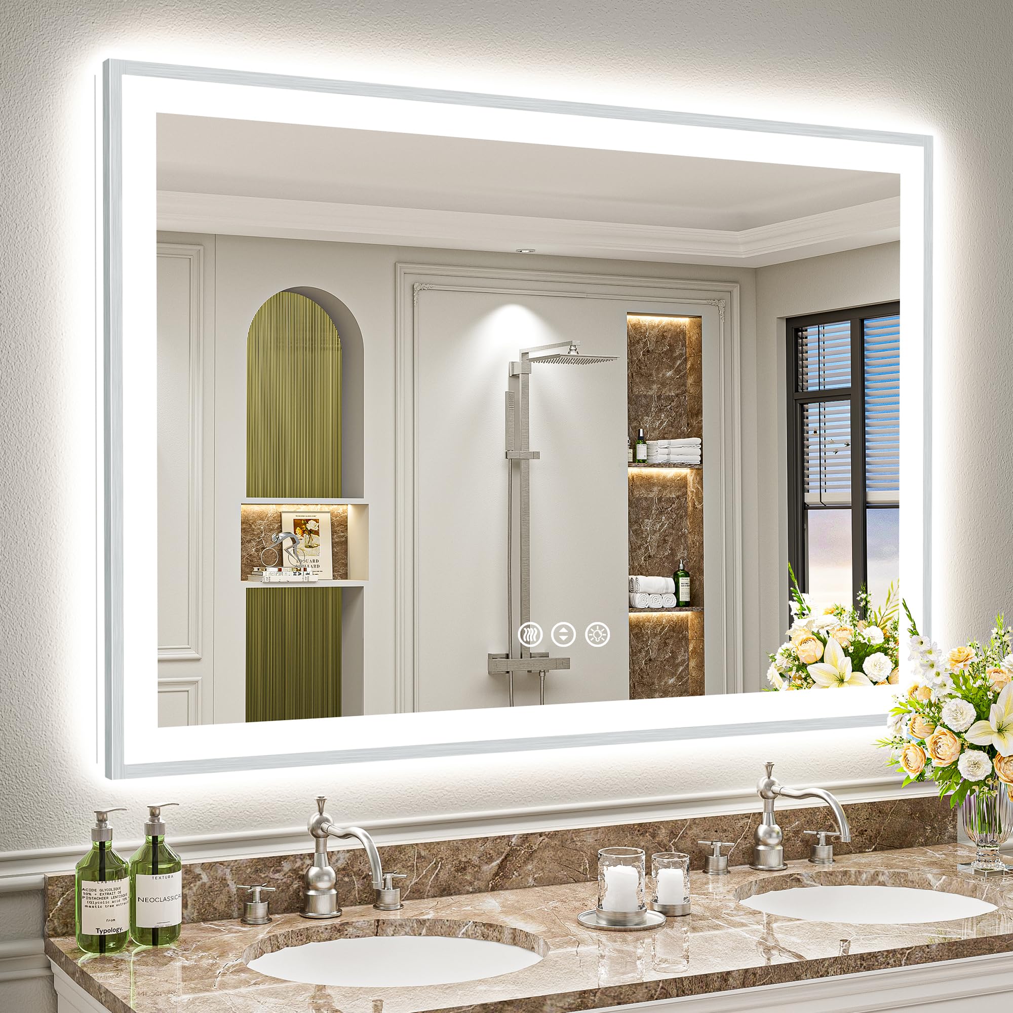 24x32 Black Framed LED Bathroom Mirror with Lights, Backlit and Front Lit Anti-Fog Lighted Vanity Mirrors for Bathroom Wall, Dimmable, 3 Colors, Memory, HD Tempered Glass, Horizontal/Vertical