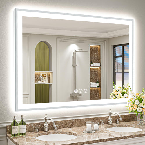24x32 Black Framed LED Bathroom Mirror with Lights, Backlit and Front Lit Anti-Fog Lighted Vanity Mirrors for Bathroom Wall, Dimmable, 3 Colors, Memory, HD Tempered Glass, Horizontal/Vertical