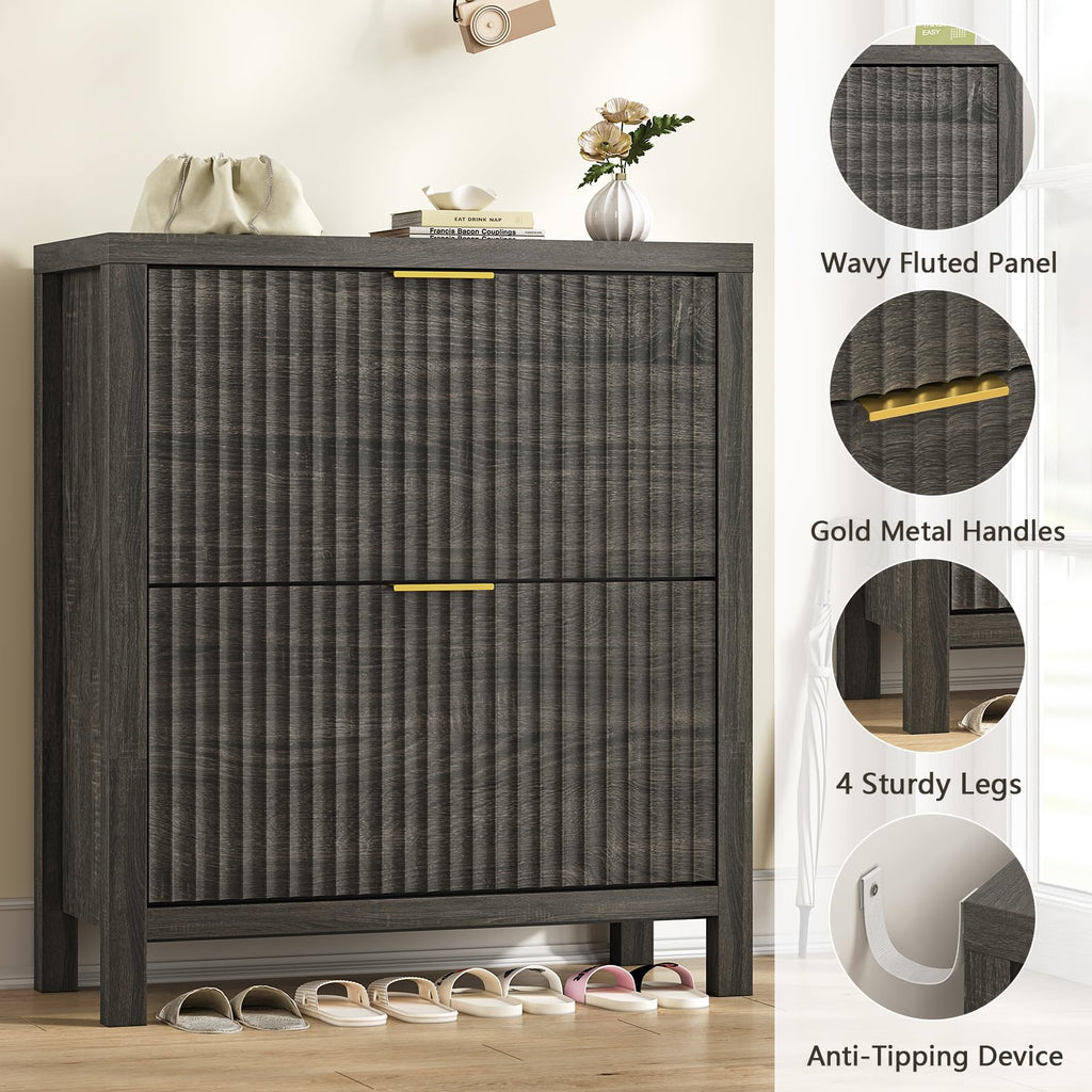 YOMILUVE Shoe Cabinet Storage for Entryway, Fluted Shoe Cabinet with 2 Flip Drawers, Hidden Shoe Rack Tall Freestanding Shoe Organizer with Legs for Hallway, Blue