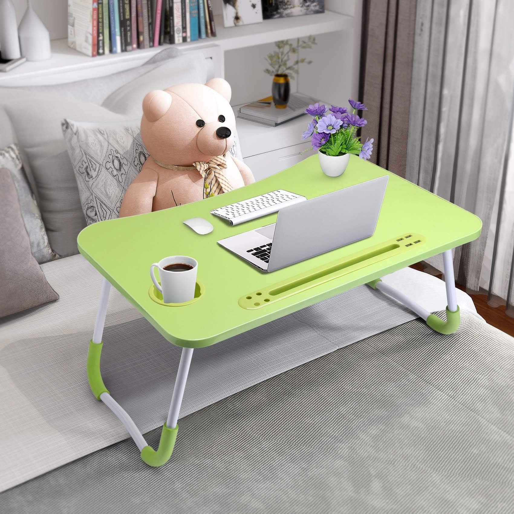 Slendor Lap Desk with Cup Holder, Foldable Laptop Table for Bed, Portable Bed Desk for Laptop and Writing, Computer Tray with Tablet Slot, Notebook Stand Reading Holder for Couch Sofa Floor,Black