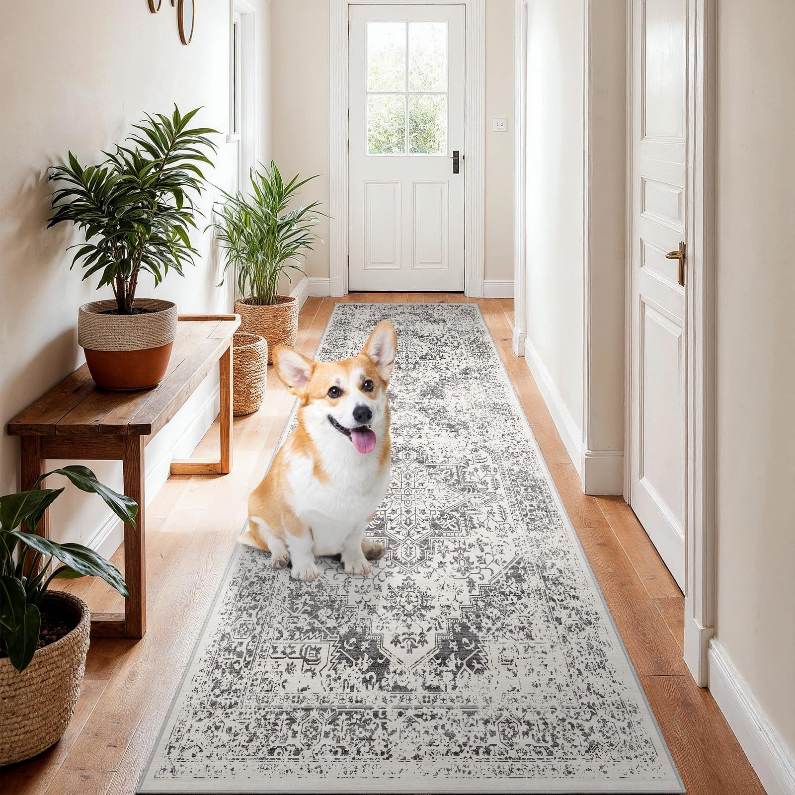 2x5 Washable Kitchen Runner Rug - Soft Low Pile Floral Animal Cat Print Rugs with Non-Slip Backing Waterproof Stain-Resistant Indoor Carpet for Hallway Entryway Bathroom Bedroom (Black)