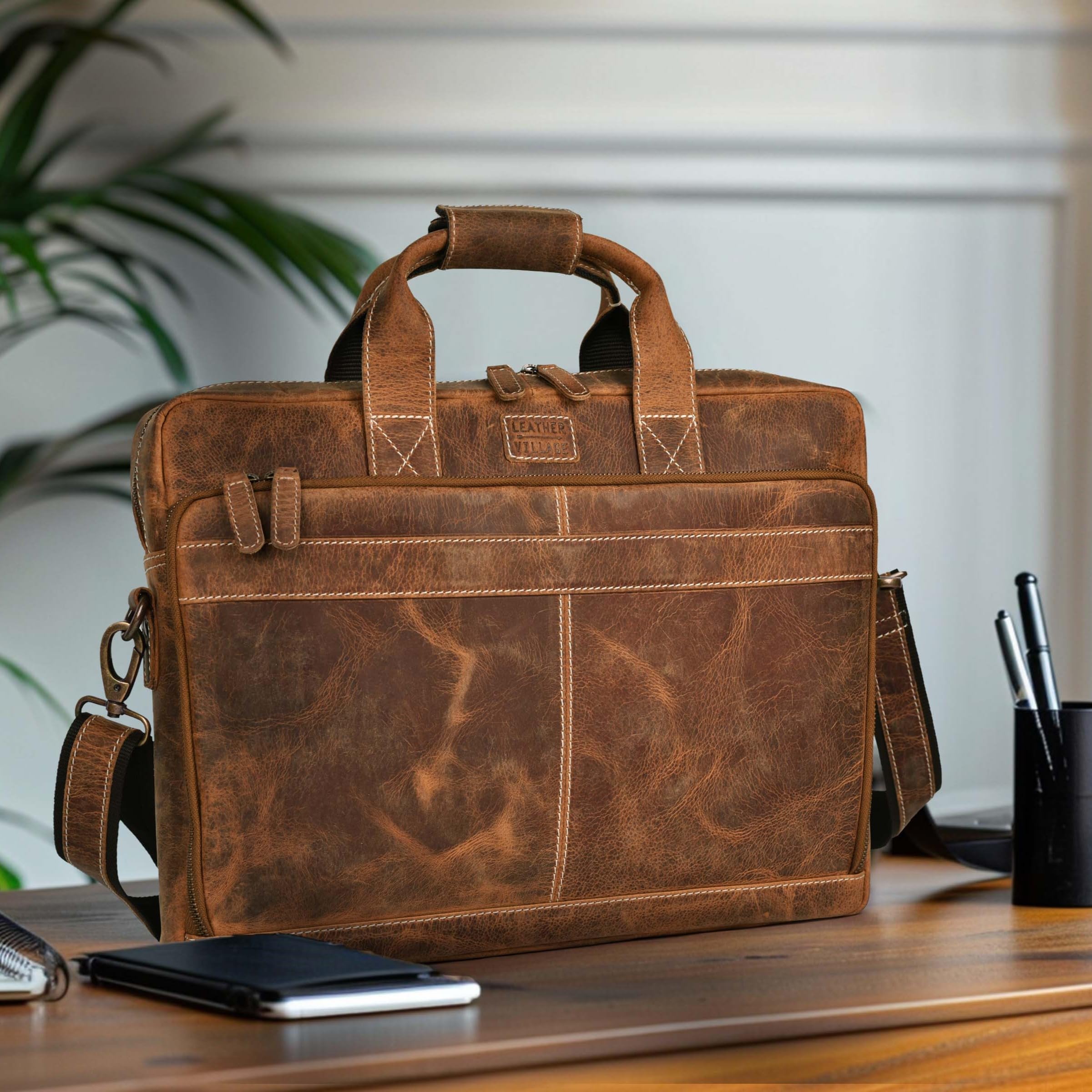 LEATHER VILLAGE 16" Leather Laptop Messenger Briefcase Bag for Men-Leather Satchel for Travel and Office Shoulder Bag-Black