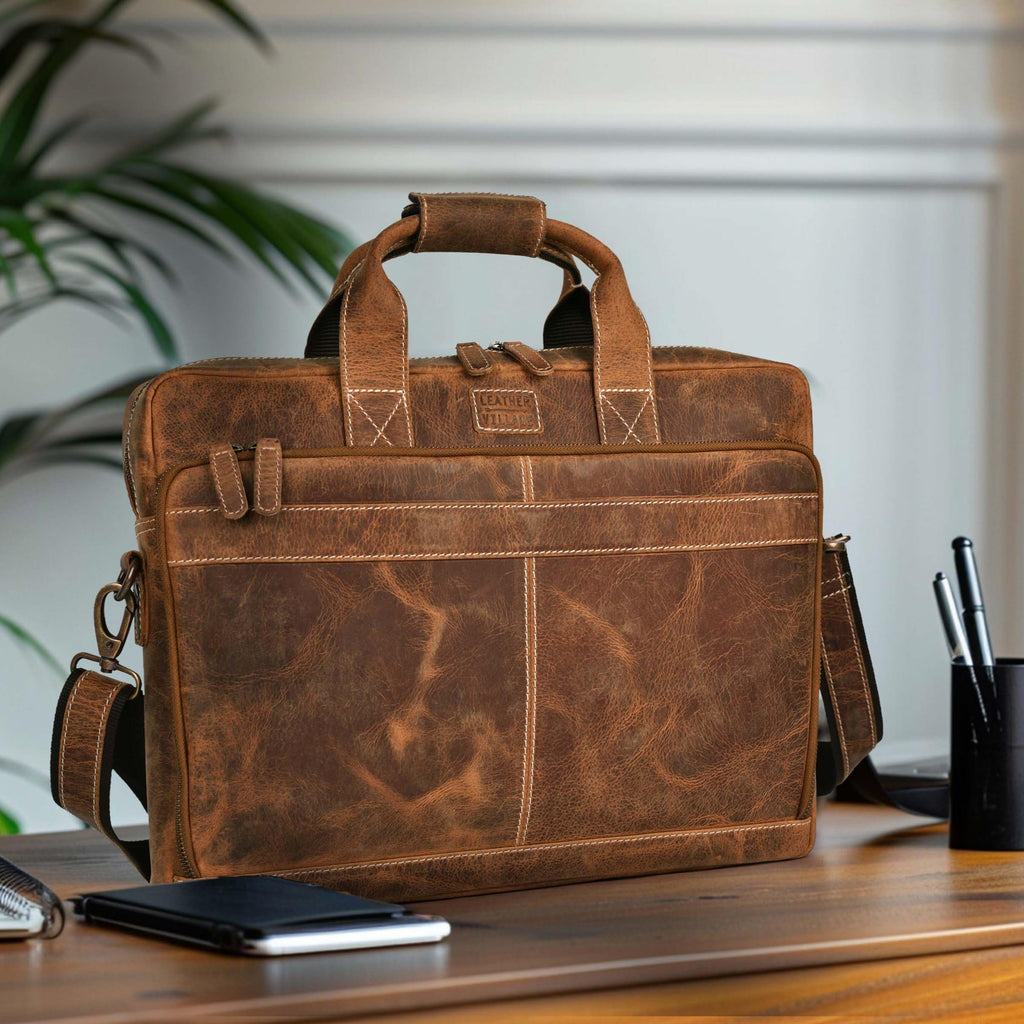 LEATHER VILLAGE 16" Leather Laptop Messenger Briefcase Bag for Men-Leather Satchel for Travel and Office Shoulder Bag-Black