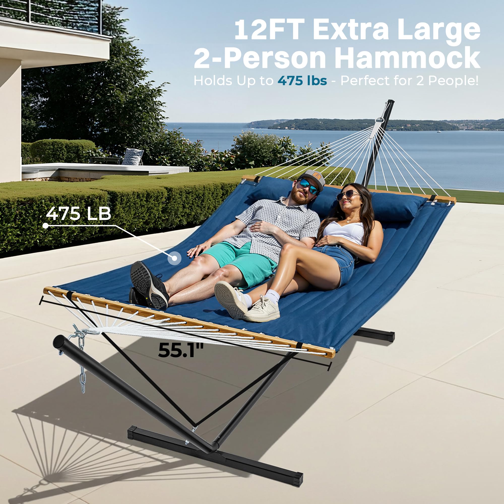 SUPERJARE Hammock with Stand, 2 Person Quilted Outdoor Hammock, Detachable Pillow & Bamboo Spreaders, Portable Hammock with Carrying Bag, Heavy Duty Stand, Perfect for Outside, Patio, Aqua Blue