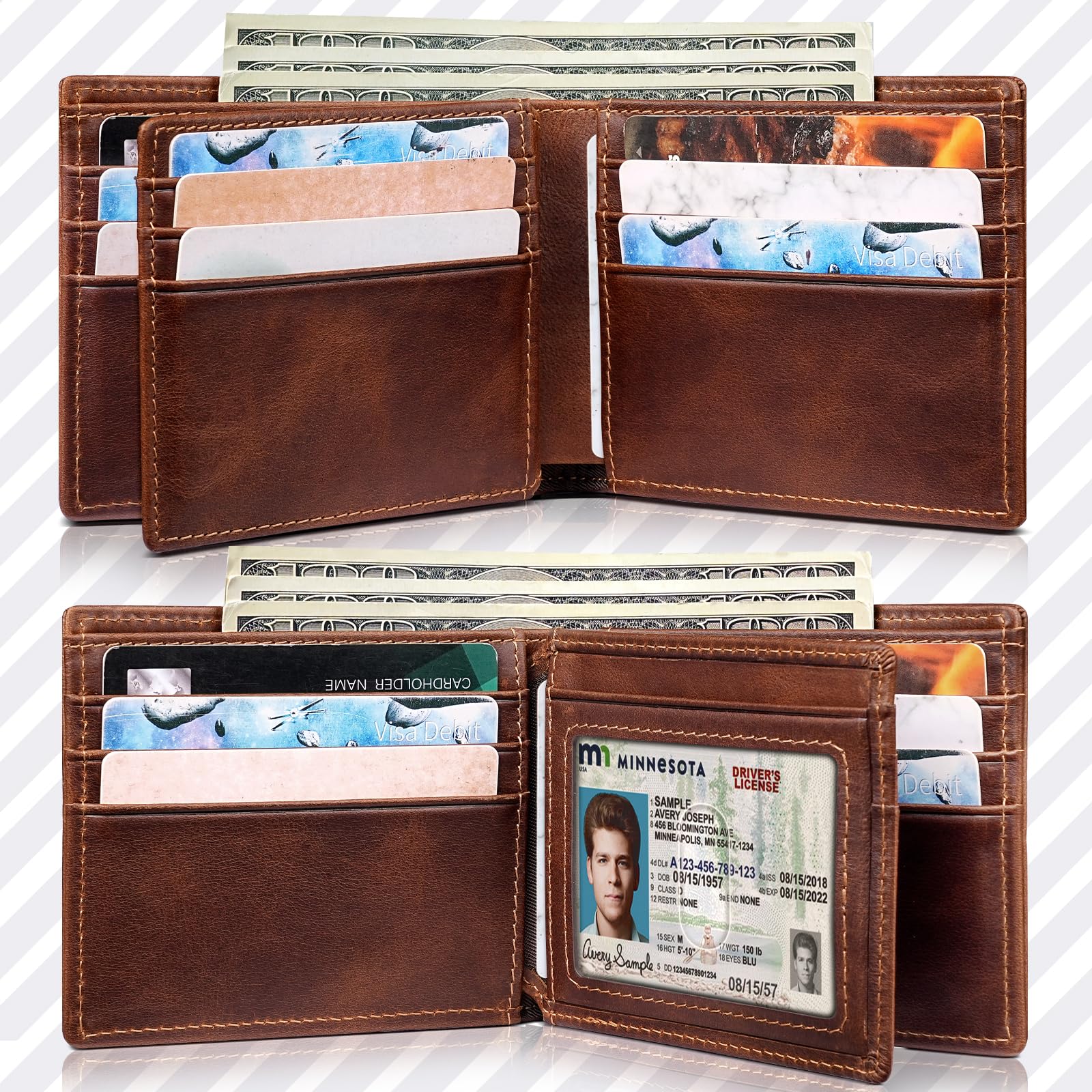 Artpaxy Mens Wallet Genuine Leather Bifold RFID Blocking Wallet for Men with 1 ID Window 13 Card Holders 2 cash pockets 1 Gift Box
