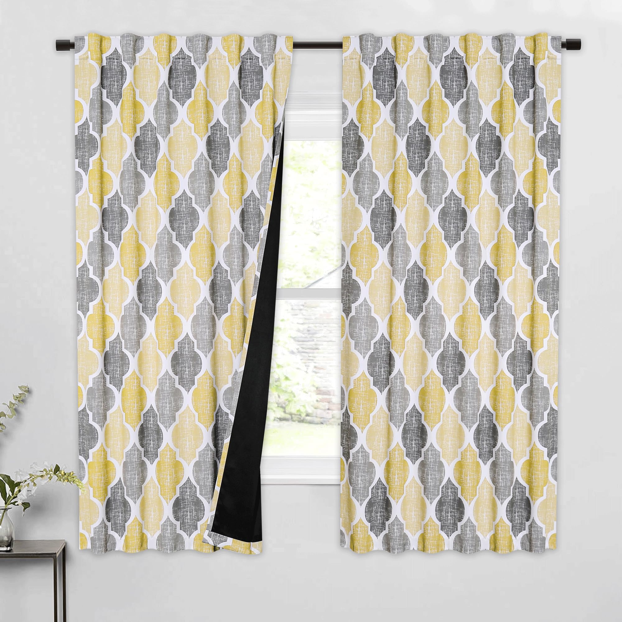 Beauoop 100% Blackout Curtains 45 Inches Long 2 Panels for Bedroom Living Room Aqua Grey Moroccan Geo Room Darkening Thermal Insulated Soundproof Grommet Top Window Treatments Drapes, 50x45 Set of 2