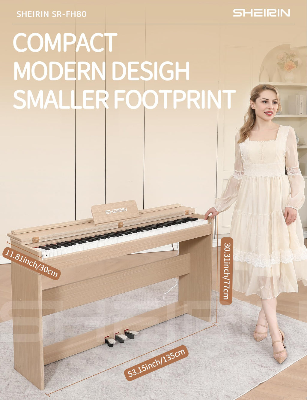 Digital Piano Hammer Action Keyboard 88 Keys Upright Acoustic Electric Weighted Piano Beginner MIDI Cover Full Size Sustain Pedal Stand Real Professional SR-FH80 (Beige Full Cover)