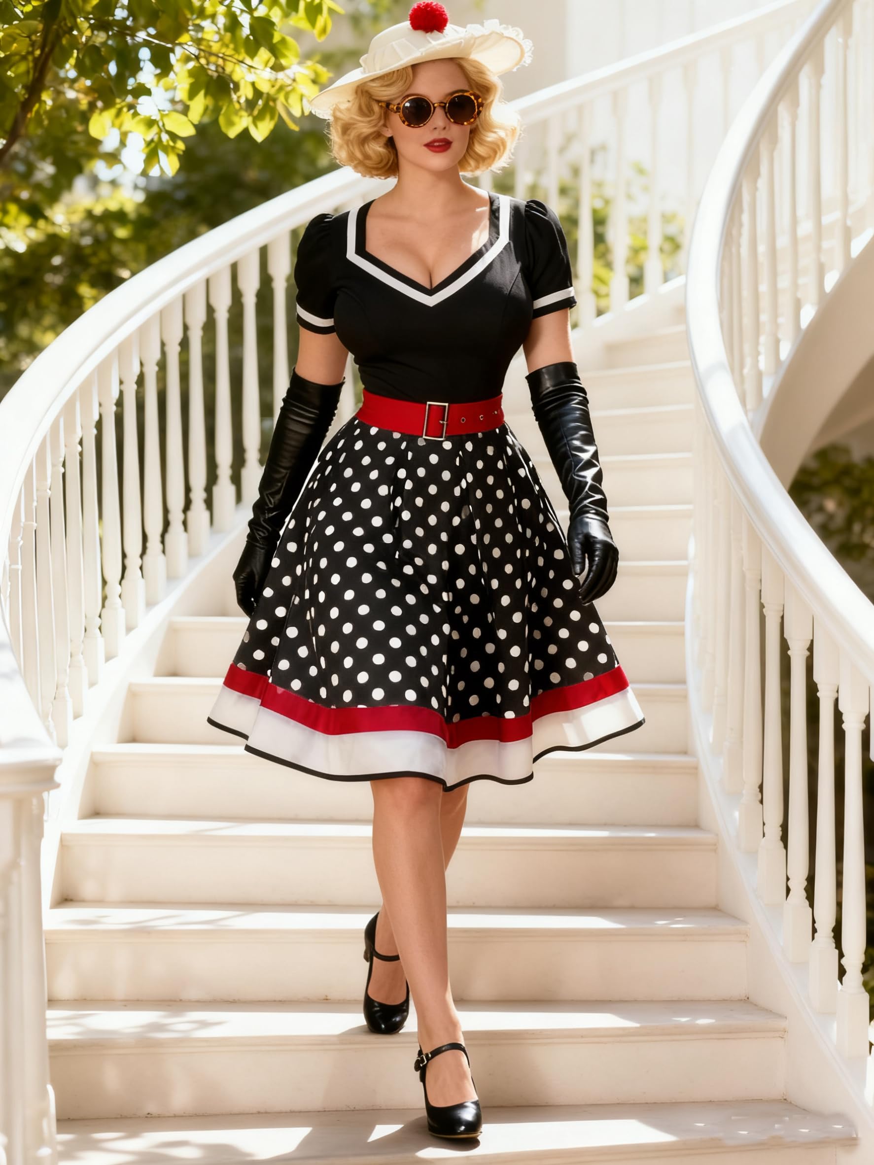 Nihsatin Vintage 1950s Retro Rockabilly Swing Dress Polka Dots Cocktail Dress with Belt
