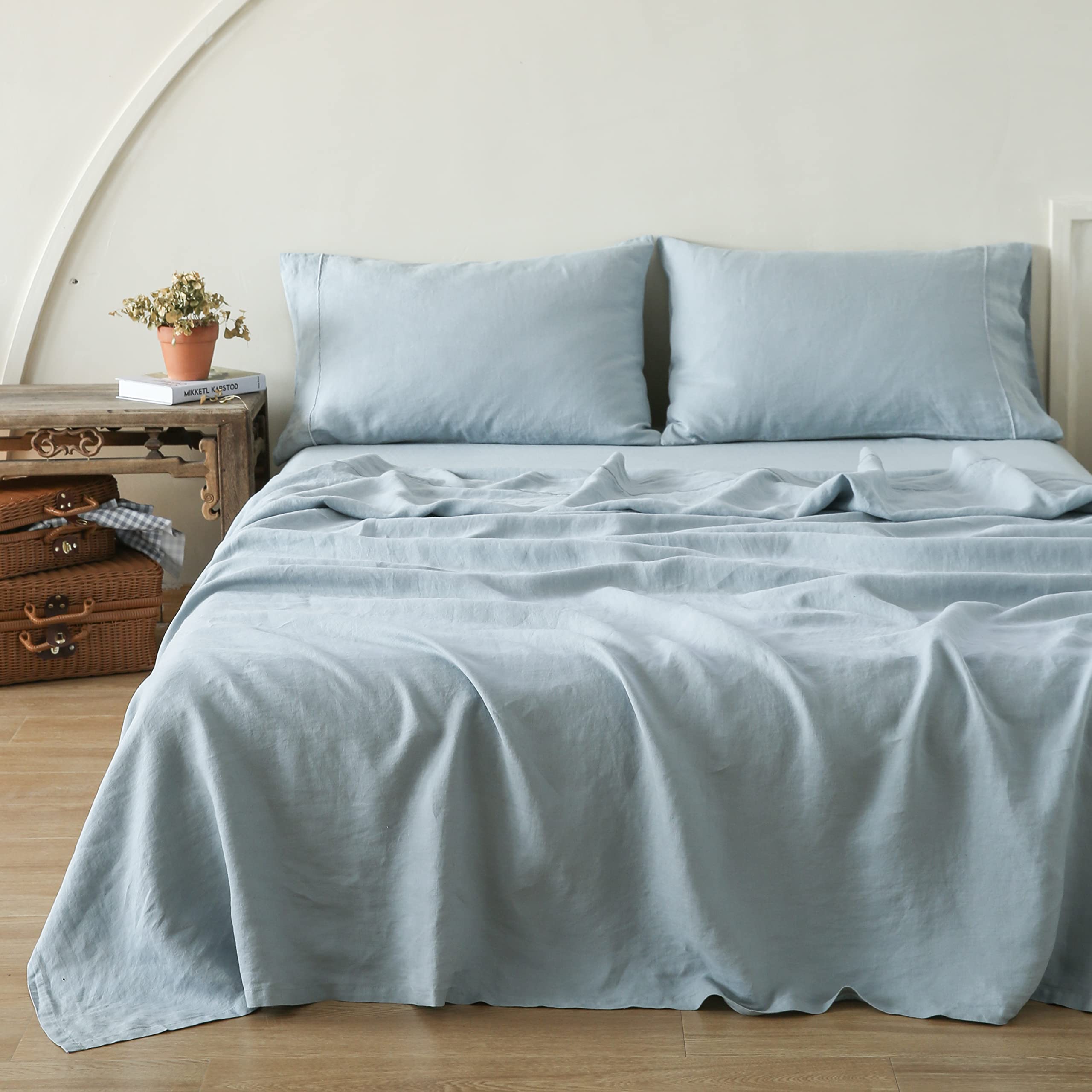 Simple&Opulence 100% Pure Linen Sheet Set Twin Size, Natural French Flax Solid Color 3 Pcs Washed Breathable, Farmhouse Bedding (1 Flat Sheet,1 Fitted Sheet,1 Pillowcase)-Embroidery Dark Grey
