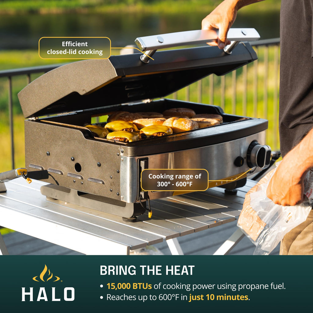 HALO Elite1B Outdoor Griddle | 2 Cooking Zones | 284sq. In. (21″ x 13.53″) Wind-Proof Cooking Surface | Portable Flat Top for Camping, Tailgates, and Patios | Propane Gas Grill | HZ-1007-ANA