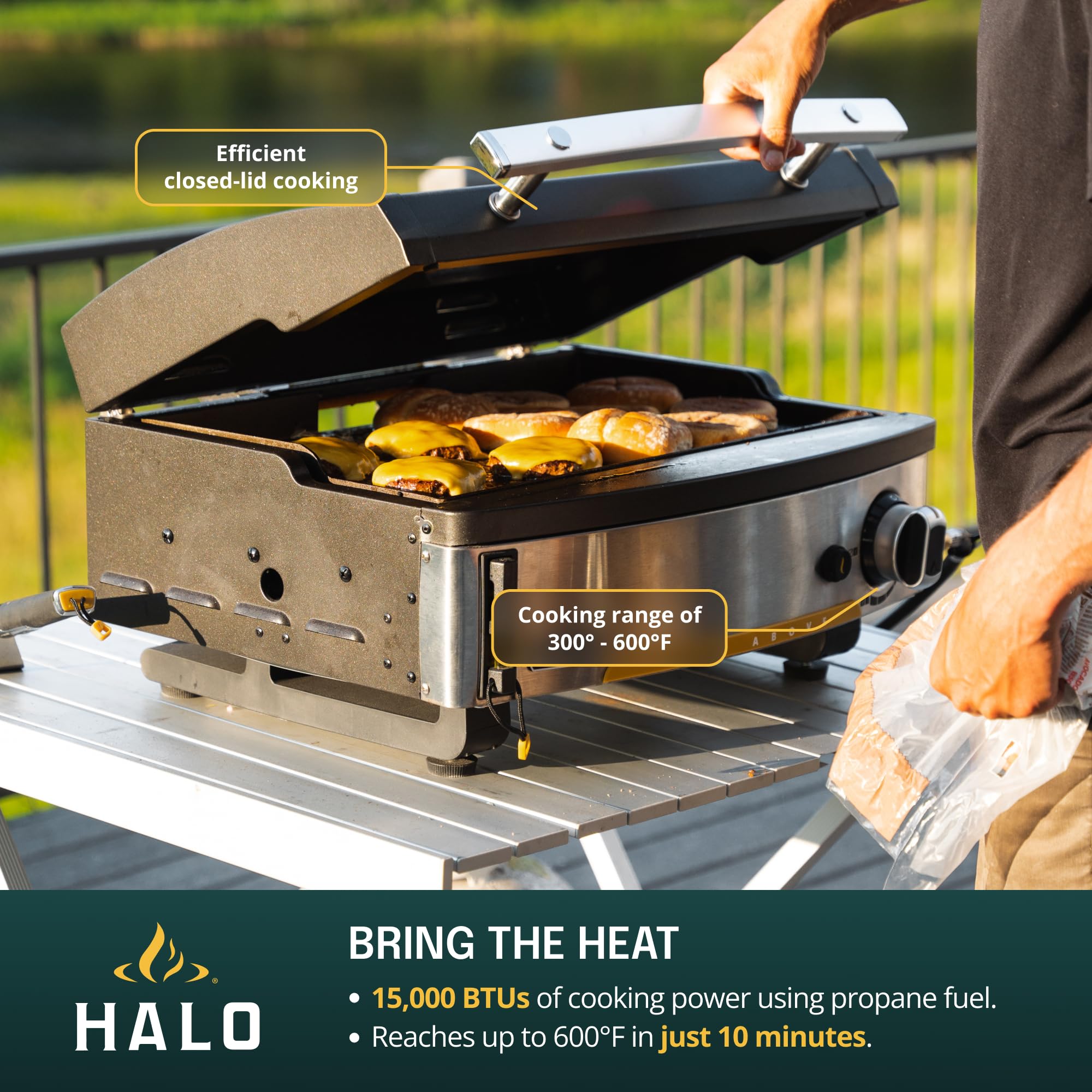 HALO Elite1B Outdoor Griddle | 2 Cooking Zones | 284sq. In. (21″ x 13.53″) Wind-Proof Cooking Surface | Portable Flat Top for Camping, Tailgates, and Patios | Propane Gas Grill | HZ-1007-ANA