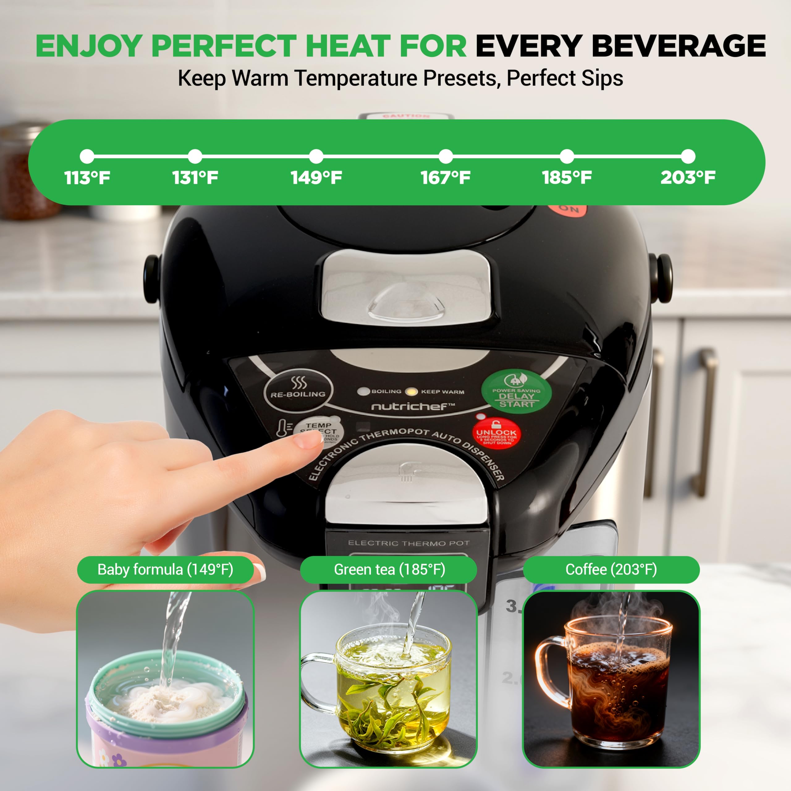 NutriChef Digital Water Boiler and Warmer - 3L/3.17 Qt Stainless Electric Hot Water Dispenser w/ LCD Display, Rotating Base, Keep Warm, Auto Shut Off, Safety Lock, Instant Heating for Coffee & Tea