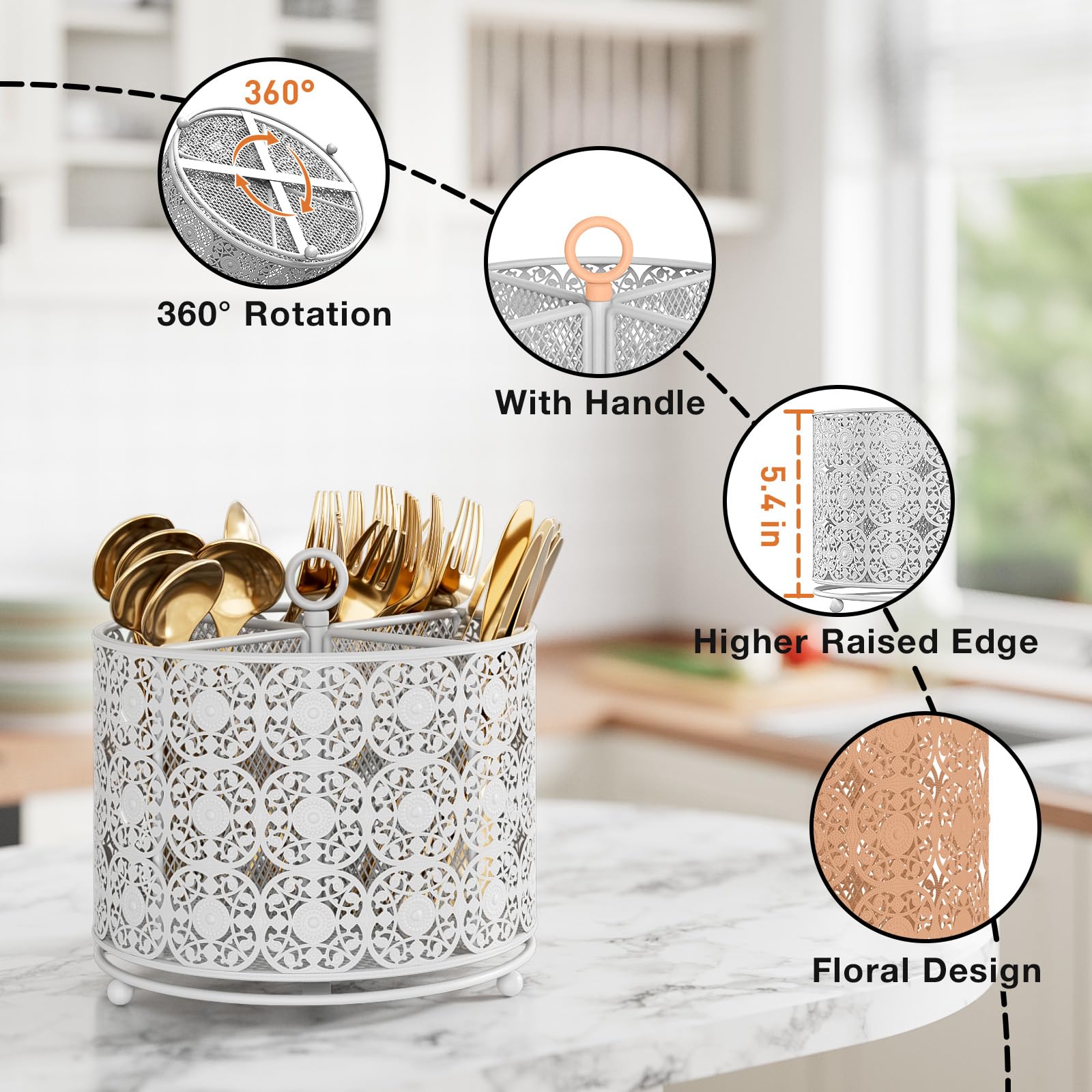 YIUKEA 360° Rotating Utensil Caddy Countertop - Cutlery Silverware Caddy Holder with 4 Compartment - Higher Raised Flatware Organizer with Handle for Party Kitchen Counter Office Black