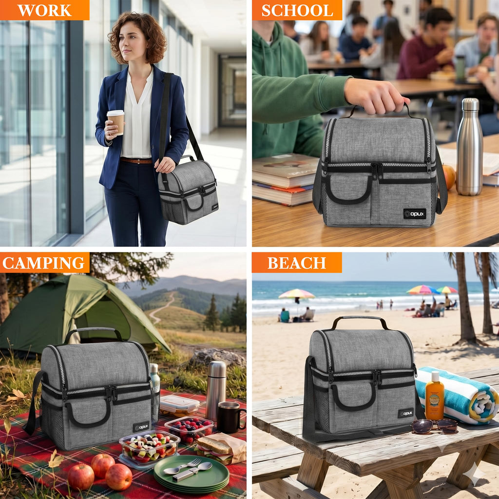 opux Insulated Lunch Bag Women Men, Dual Compartment Leakproof Lunch Box Adults Kids, Double Decker Meal Prep Bento Lunch Cooler Tote with Shoulder Strap for Work Office School Travel, Black