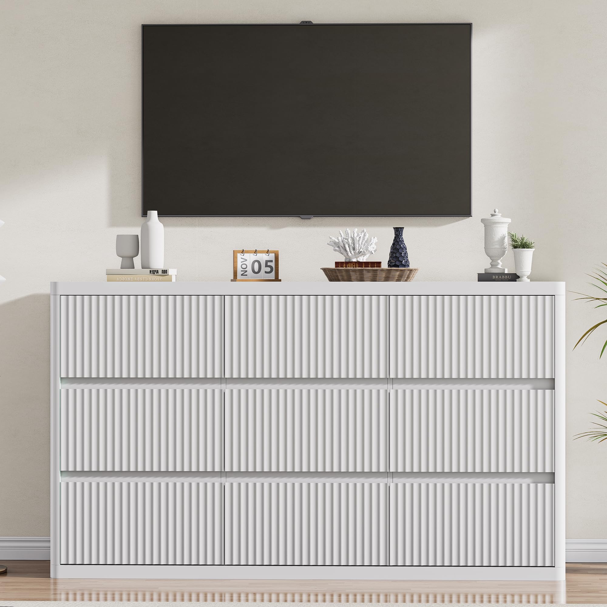 Standifurno Black 56" Tall Dresser for Bedroom, Fluted Modern 6 Drawers Deep Dressers, Wood Chest of Drawers with Handleless, Curved Profil Storage Closet Dressers for Bedroom, Living Room, Hallway