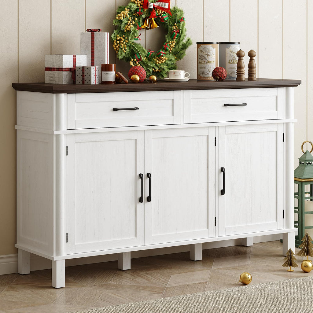 ONBRILL 48 Inches Buffet Cabinet with Storage, Farmhouse Sideboard Buffet w/2 Drawers and 3 Doors, Wood Coffee Bar Cabinet with Adjustable Shelves, Sideboard Storage for Kitchen, Living Room, Black