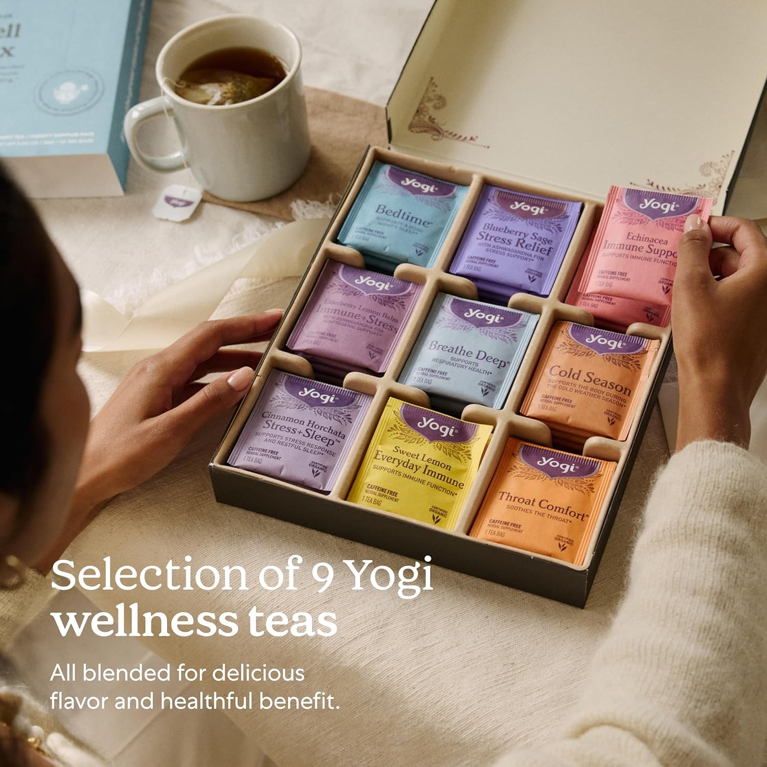 Yogi Organic Sampler Gift Box-5 Tea Bags per Flavor (45 Tea Bags)-Delicious Wellness Immunity Teas-9 Herbal Teas-Caffeine-Free Tea Variety Pack-Tea Gift Set