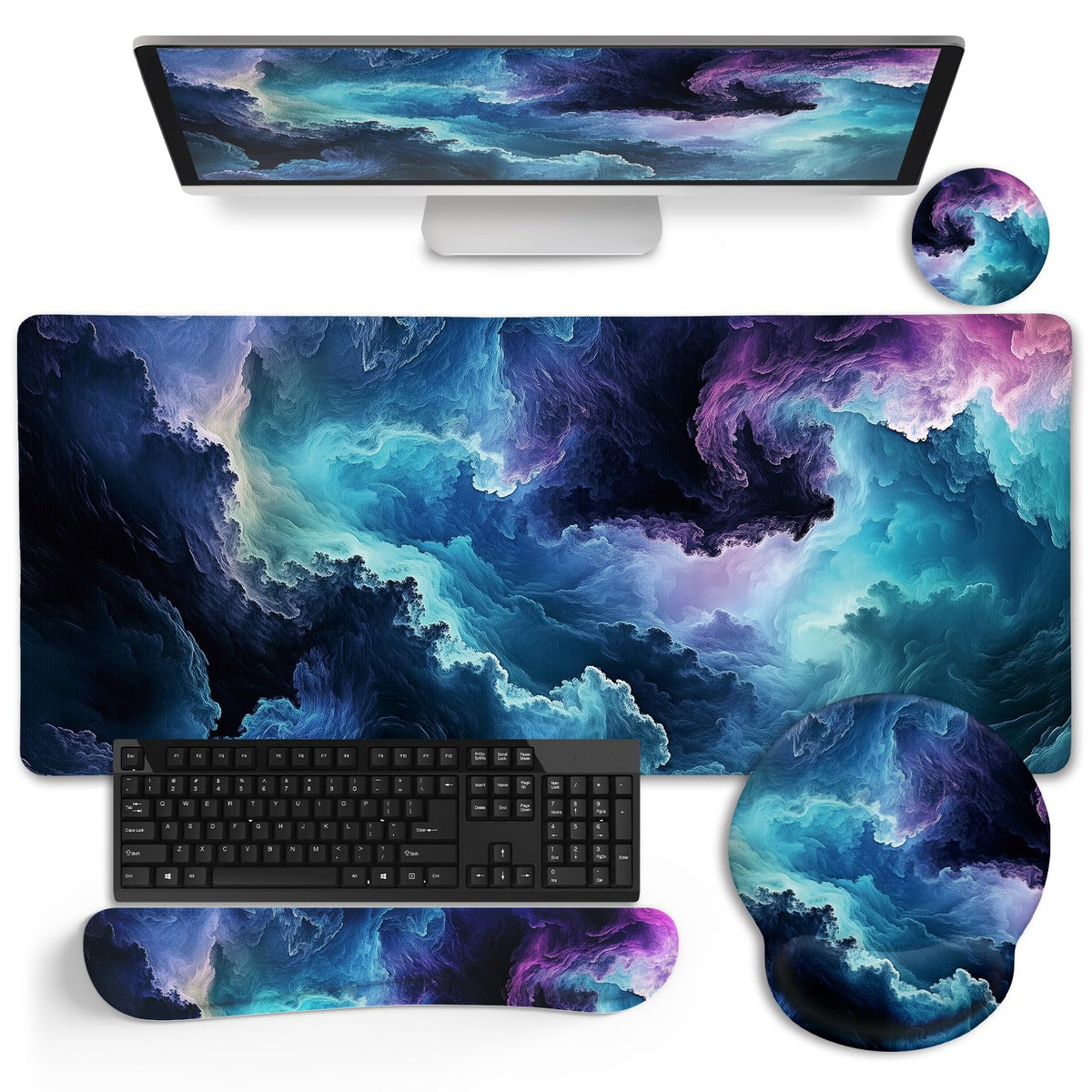 Black Striped Ergonomic Large Desk Mat Set with Wrist Rest