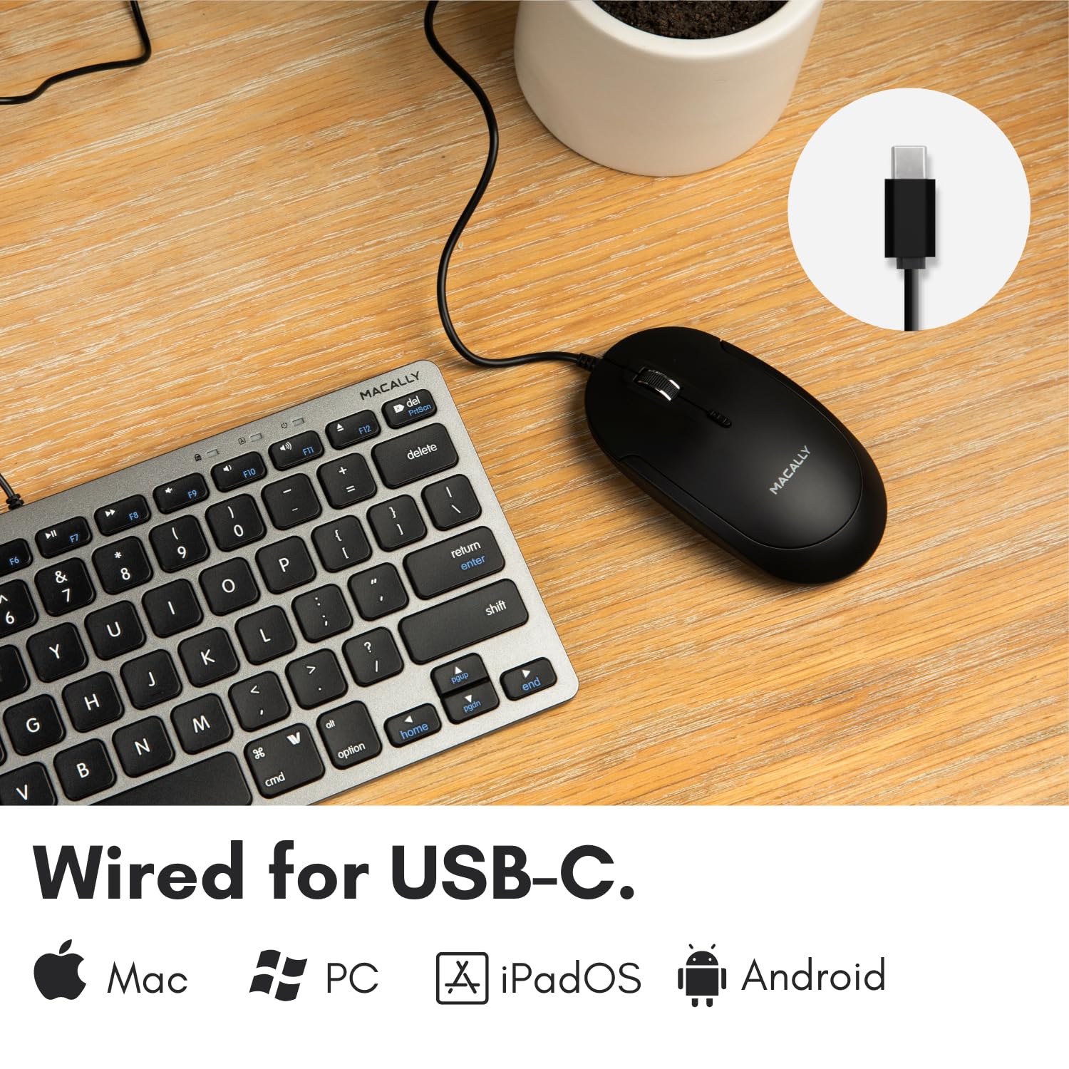 Macally Wired USB C Mouse for Mac and PC - Slim, Quiet, and Reliable - Type C Mouse for MacBook Pro/Air, iMac, Apple iPad, Laptop, Computer Desktop with 3 Button, Scroll Wheel, USBC, and 4 DPI Mode