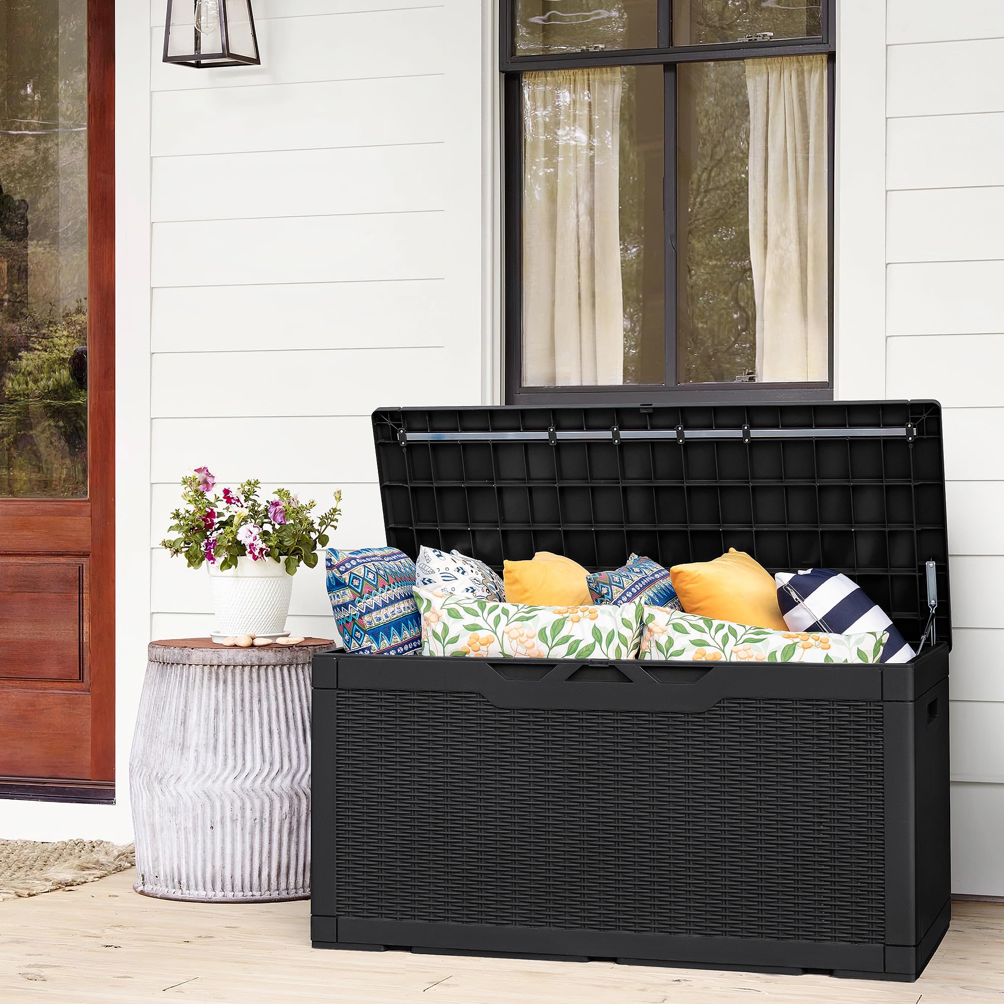 Flamaker Deck Box 30 Gallon, Waterproof Resin Small Storage Box with Lid, Outdoor Patio Furniture Cushion Garden Tool Organizer, Lockable Package Delivery Box for Porch Balcony (Black)