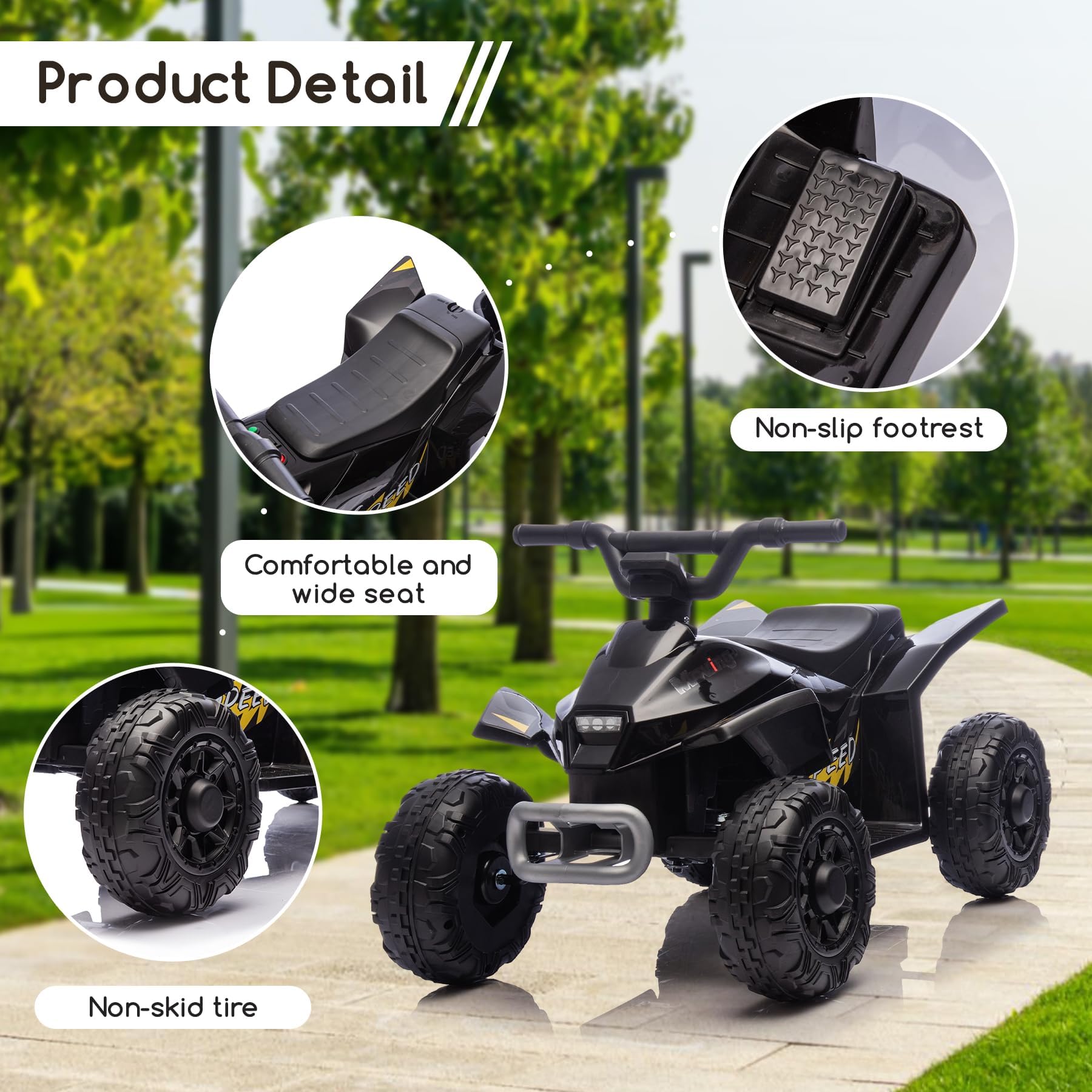 Kids Ride on ATV, 6V Battery Powered Kids Electric Vehicle, 4 Wheeler Quad w/Headlights, MP3, USB, Volume Control, Large Seat, Electric Ride on Toys Best Gifts for 18-36 Months Boys Girls (Black)