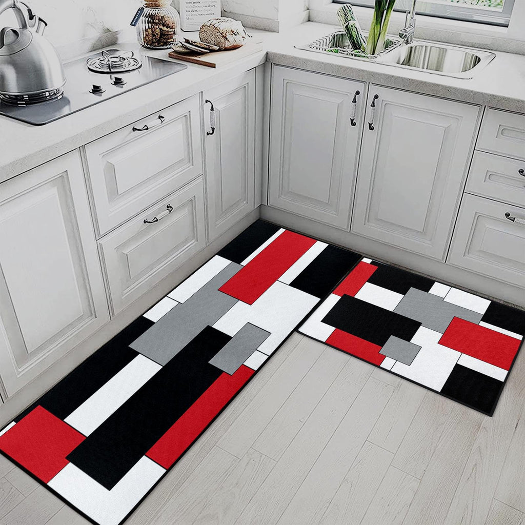 Blue Kitchen Rugs and Mats Non Skid Washable Set of 2, Grey White Modern Abstract Mats for Floor, Geometric Painting Runner Rug Graffiti Art Kitchen Decor