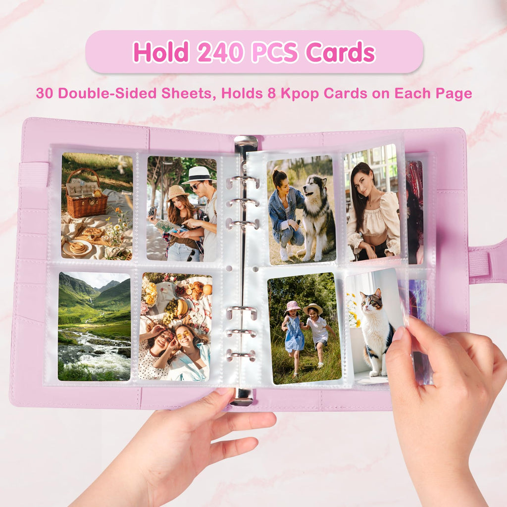 A5 Kpop Photocard Binder with 30 Pack 4-Pocket Card Pages, 6 Ring A5 Binder Card Collector Album with 240 Card Slots,PU Leather Binder Cover with Magnetic Buckle Closure for Organizing Trading Card