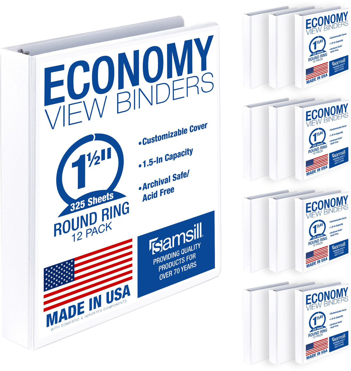 Samsill 1 Inch 3 Ring Binders, Economy Round Ring, Clear View Cover, 200 Sheet Capacity - for School, Home, Office - Blue, 4 Pack