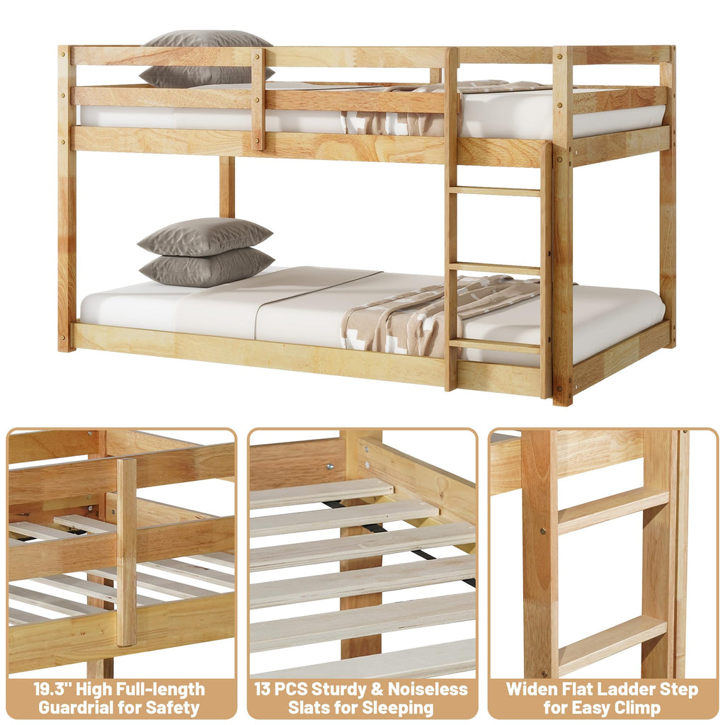 Bunk Bed Twin Over Twin, Wood Low Profile Floor Twin Bunk Beds with Headboard Ladder Guardrails for Kids Boys and Girls, No Box Spring Needed