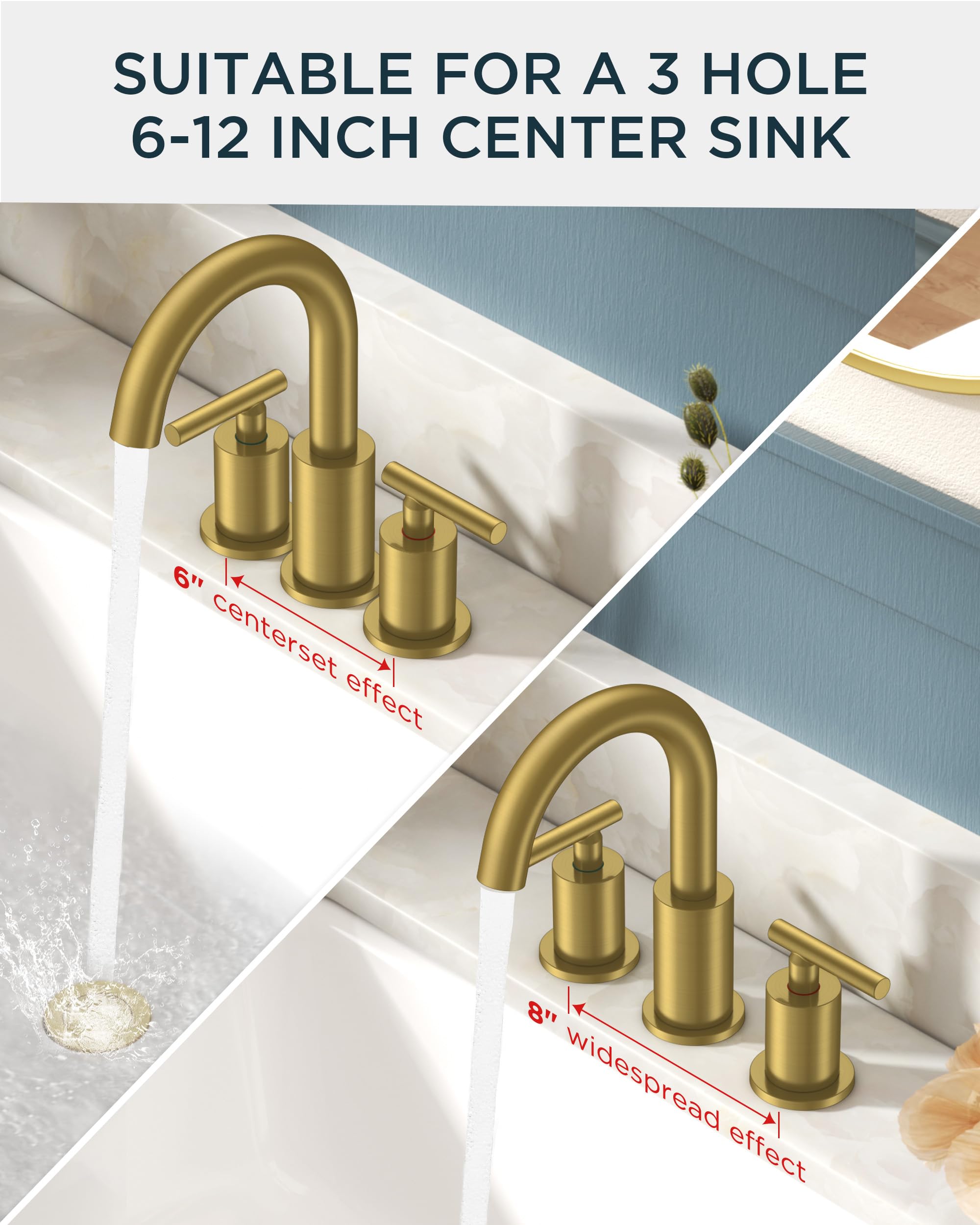 FORIOUS 4" Brushed Gold Bathroom Faucet Centerset 4 Inch, 2 Handle 2 Hole Gold Faucets for Bathroom Vanity wtih Metal Pop Up Dain, CUPC Supply Hose, High Arc Swivel Spout