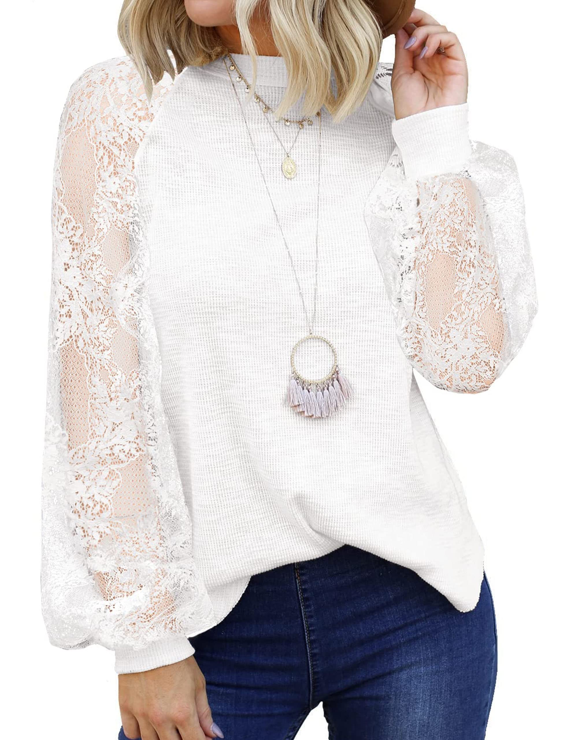 MIHOLL Women's Long Sleeve Tops Lace Casual Loose Blouses Shirts Dressy Outfits