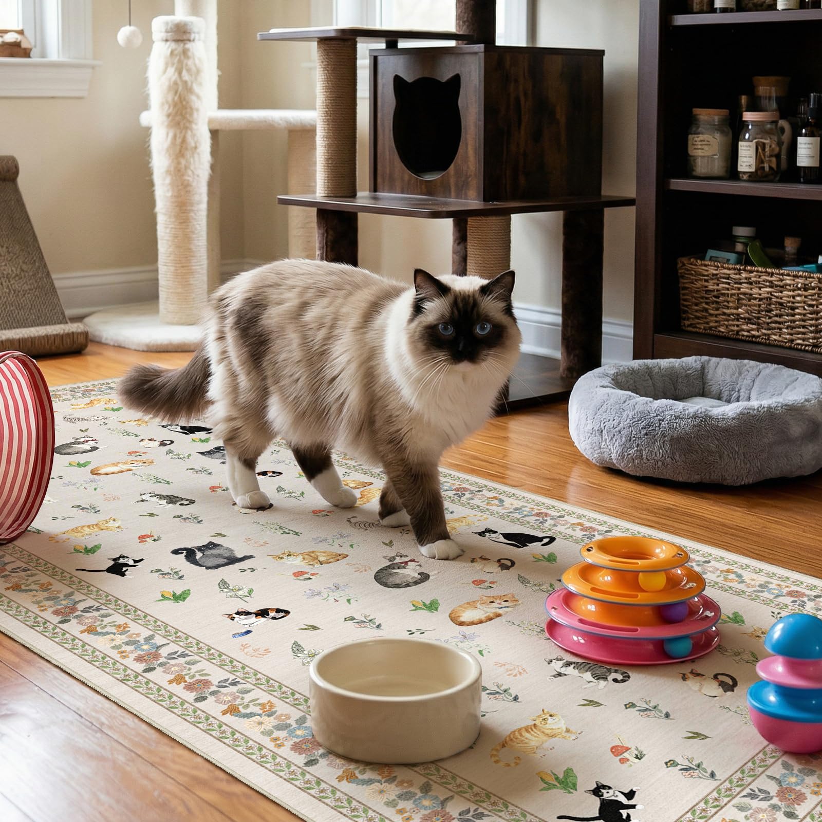 2x5 Washable Kitchen Runner Rug - Soft Low Pile Floral Animal Cat Print Rugs with Non-Slip Backing Waterproof Stain-Resistant Indoor Carpet for Hallway Entryway Bathroom Bedroom (Black)