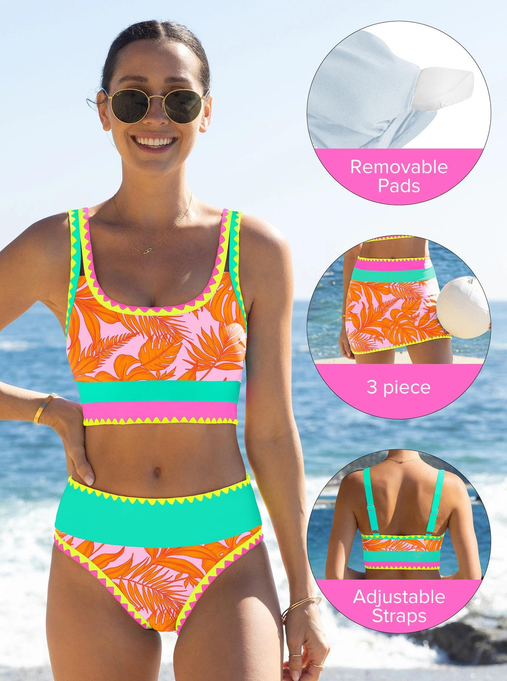 popvil High Waisted Bikini Sets for Women Tummy Control Swimsuits 3 Piece Bathing Suits Neon Swimwear with Skirt 2026