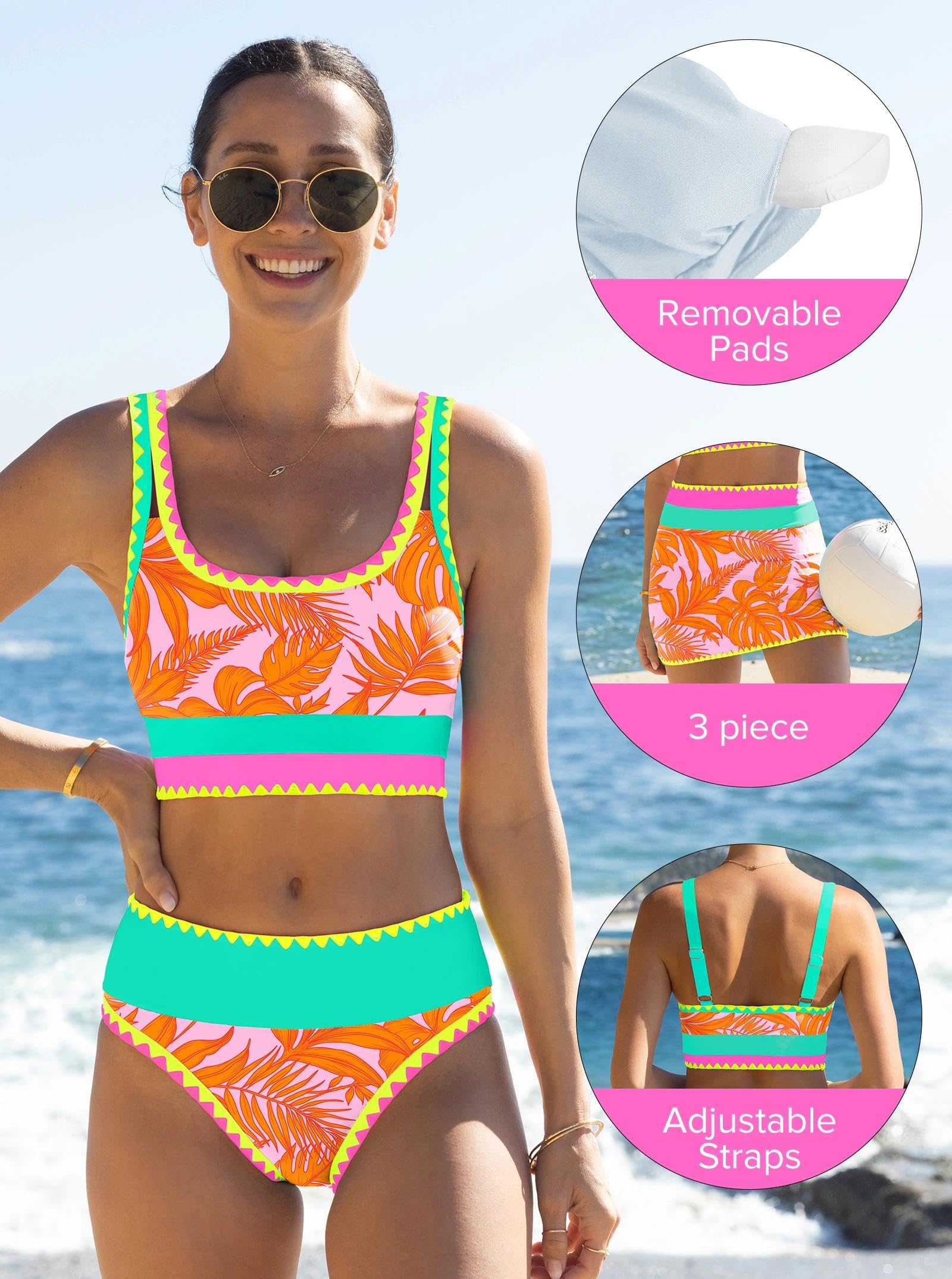 popvil High Waisted Bikini Sets for Women Tummy Control Swimsuits 3 Piece Bathing Suits Neon Swimwear with Skirt 2026