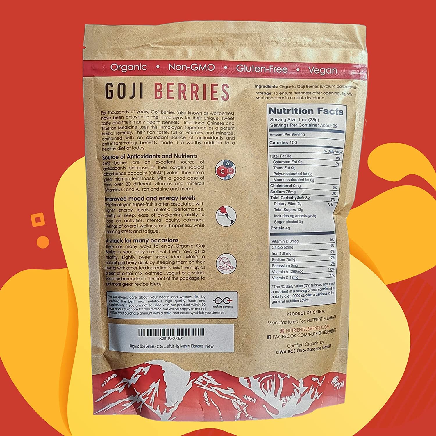 Nutrient Elements Goji Berries – 2 lb/32 oz – USDA Organic, Raw, Sun-Dried, Hand-Picked – Extra Large Dried Berries – Resealable Bag – Naturally Grown, No Additives