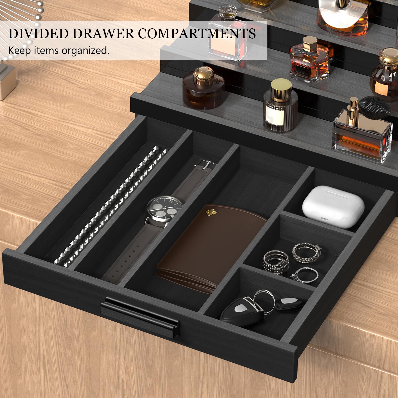 Wooden Cologne Organizer for Men 4 Tier of Perfume Display Holder of Drawer & 2 Hidden Compartments Larger Storage Space Mens Perfume Organizer Shelf Stand,Gift for Man (4T-Black Walnut)